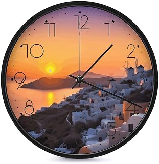 Rkklvbns Fashionable Round Wall Clock, Battery Operated Greece Island Sunset Landscape Clock for Living Room, Wall Clocks with Big Arabic Numerals for Bedroom, Office, Kitchen Decoration, 9.8inch