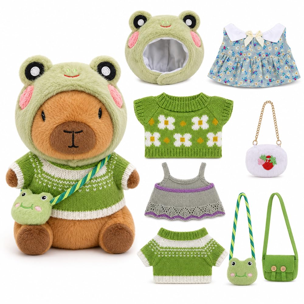 XPJBKC Capybara Plush, 9 In 1 Capybara Teddy with Clothes, Hats, Bags, Soft and Realistic Capybara Toy, Capybaras Plushies Pillow Plush Toy for Birthday Gifts Girls Boys Kids (Green Style)