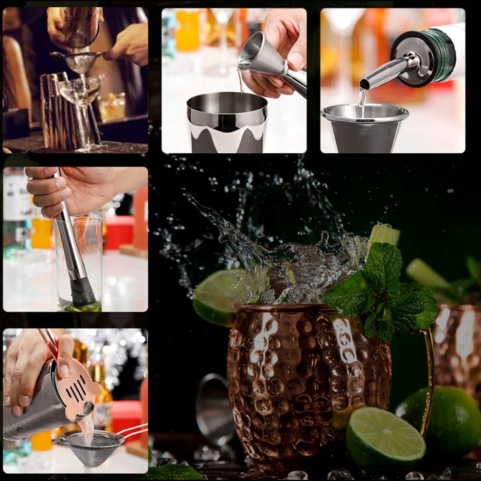 Juego de Barra de Coctelera de Acero Inoxidable con Soporte de Madera, Mezclador, Coctelera, Kit de Coctelería, Accesorios de Barman de Mixología Profesional para el Hogar, Bar Y Fiesta