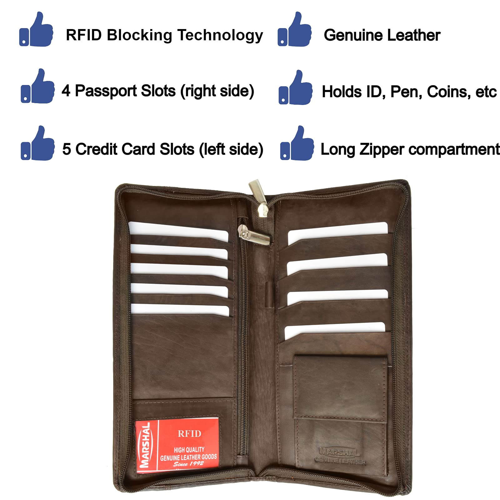 Cartera de viaje con bloqueo RFID y soporte para pasaporte familiar, soporte para documentos y organizador de cuero genuino que protege tus pasaportes, Marrón, Compacto