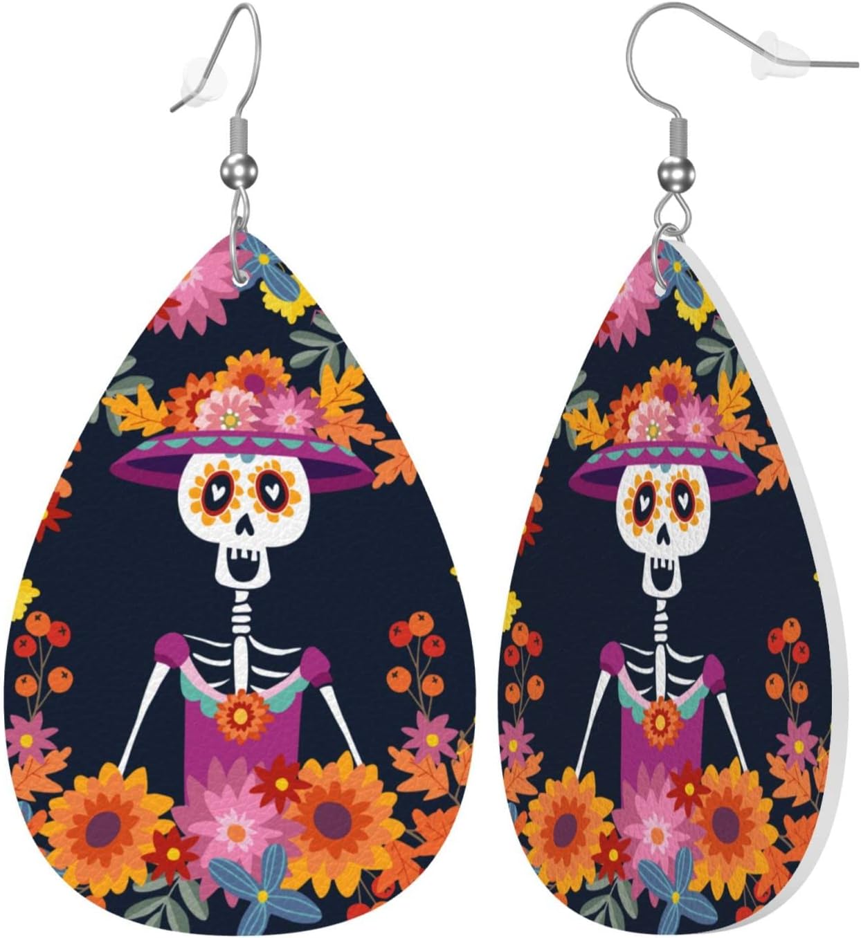 Dia De Los Muertos Mexican Day Skull Faux Leather Teardrop Earrings for Women Drop Dangle Earrings Gift - Image 2