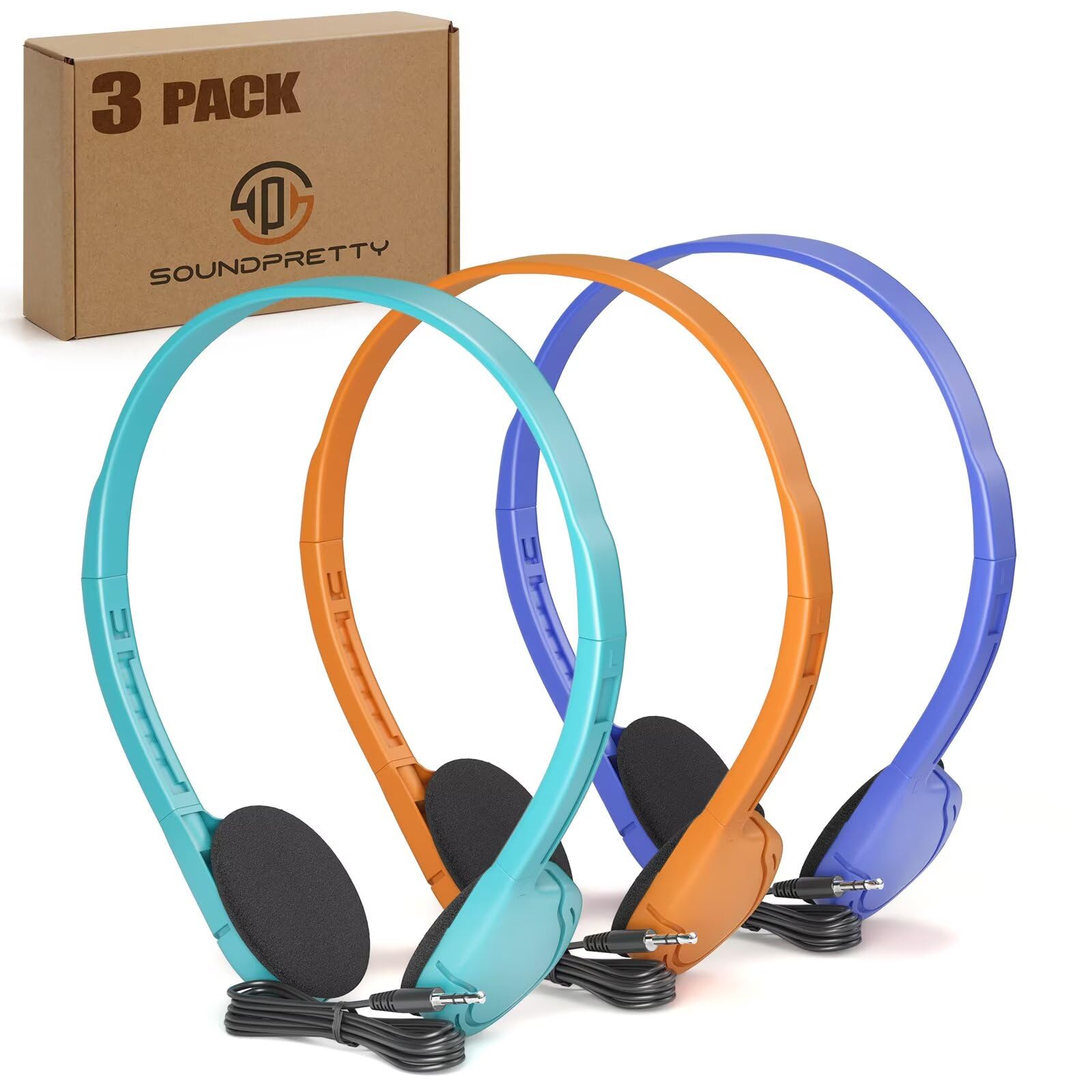 Photo 1 of SP SOUNDPRETTY 3 Pack Bulk Headphones for School, Classroom, Students - On Ear with 3.5mm Jack, 4ft Tangle Free Cable, 3 Colors - Compatible with iPad, Chromebook, Laptop, PC