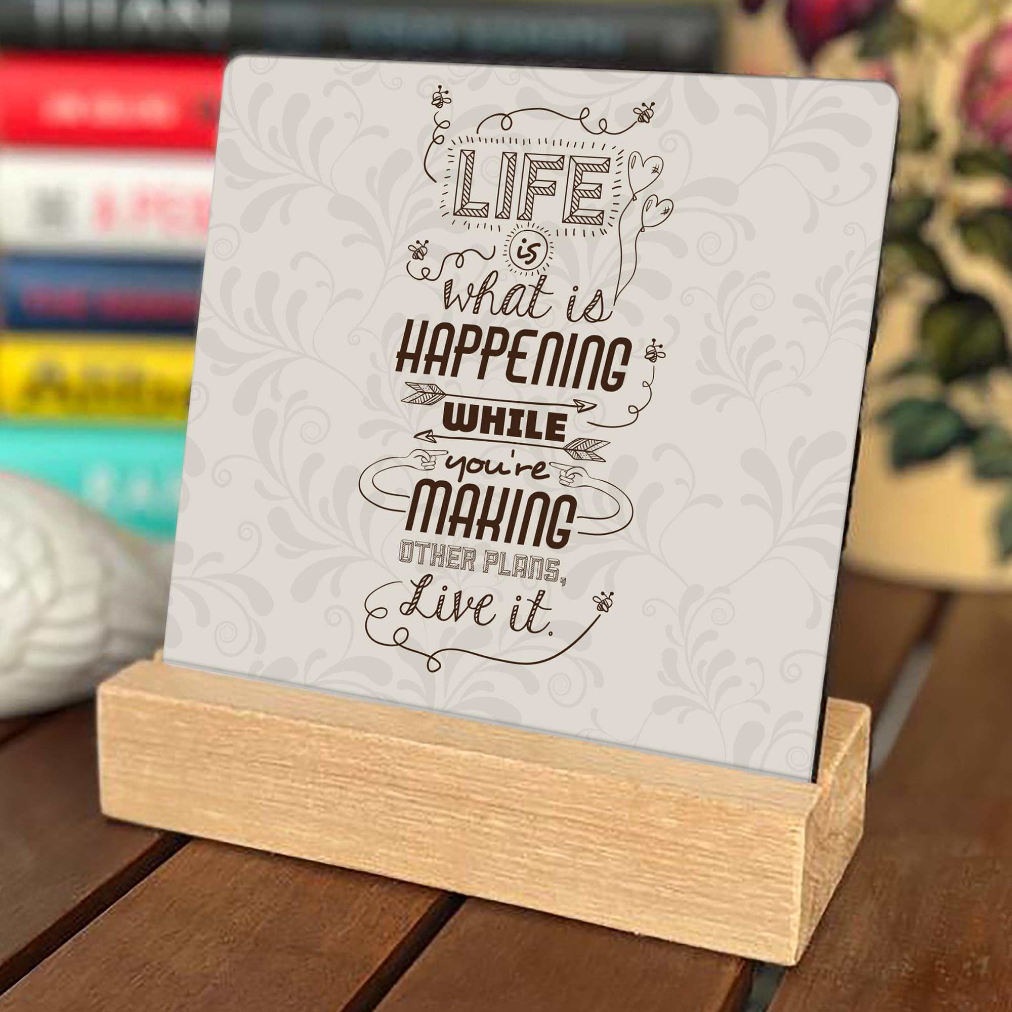 RAG28 Wooden Life is Happening Offer Study Office Table Decor Showpiece for Home Decor Items (Size: 6.5X6 Inches, EK29)
