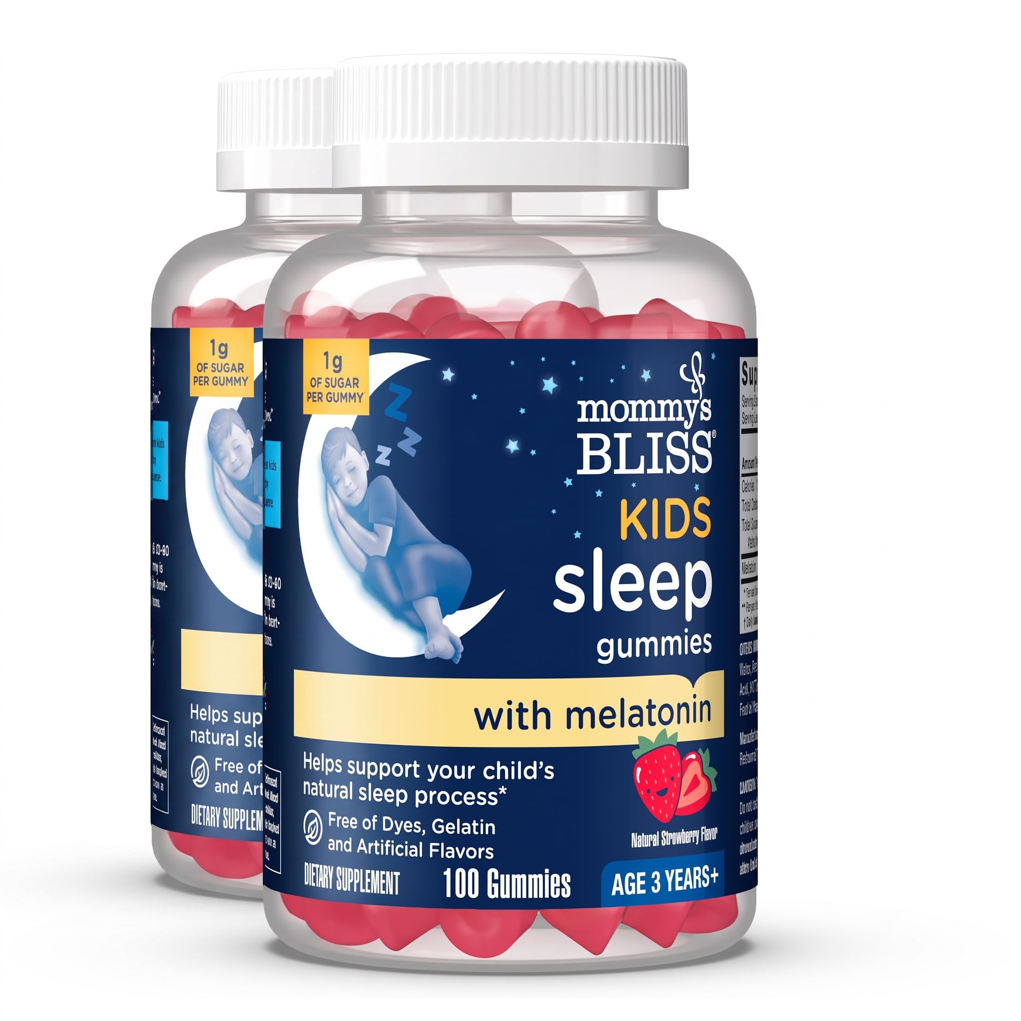 Mommy's Bliss Kids Sleep Melatonin Gummies, Non Habit-Forming with No Artificial Colors, Flavors or Gelatin - Age 3 Years+ - Strawberry Flavor - 100 Sleep Gummies,(Pack of 2)