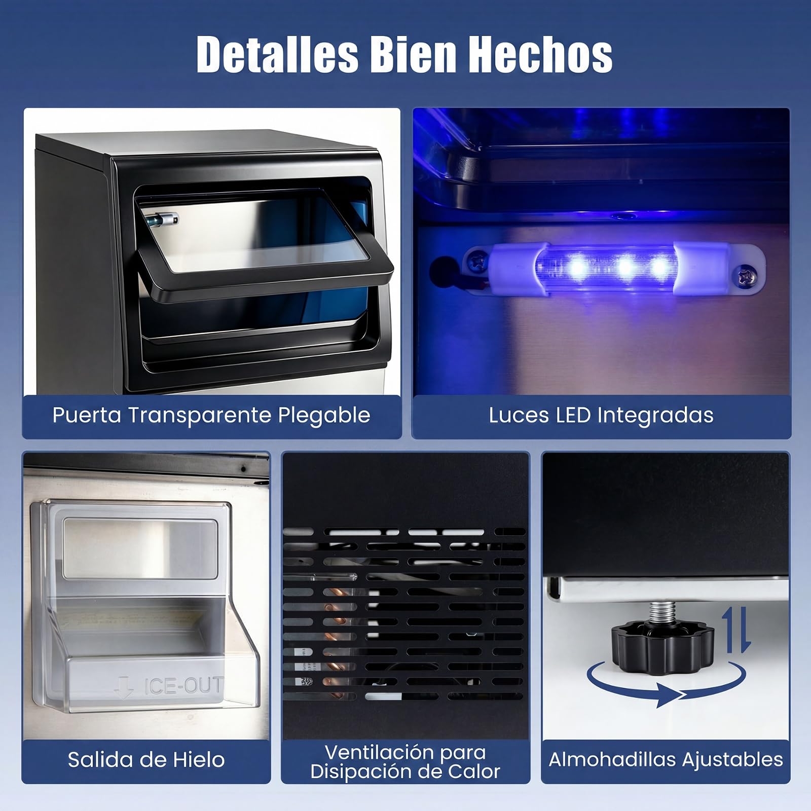 COSTWAY Máquina de Hielo Comercial, 41 kg/Día, Cubitos de Hielo Masticables | Ice Maker, Autolimpieza y Cuchara, Hielera de Acero Inoxidable para Cocina, Bar
