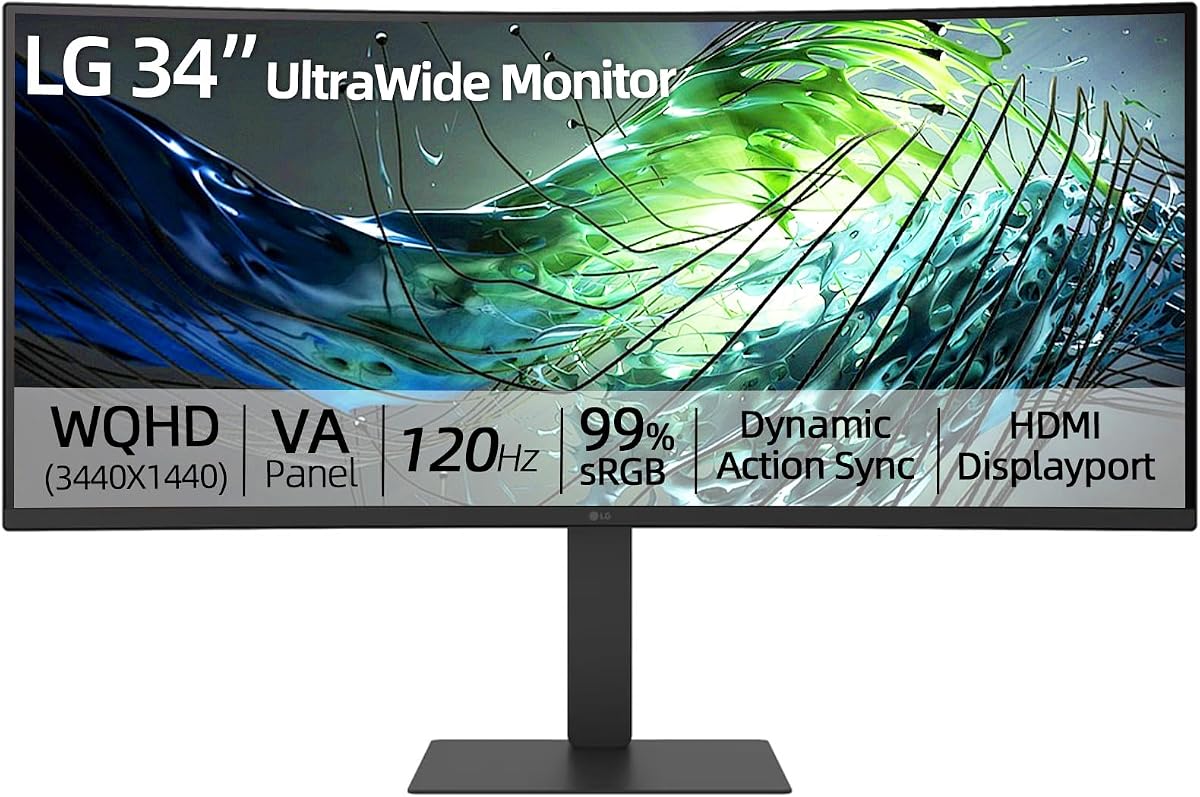 Monitor curvo ultraancho de 34", panel VA WQHD (3440 x 1440), 120 Hz, HDR10, sRGB 99 %, pantalla multitarea, HDMI, DisplayPort, soporte ergonómico ajustable en altura/giro/inclinación