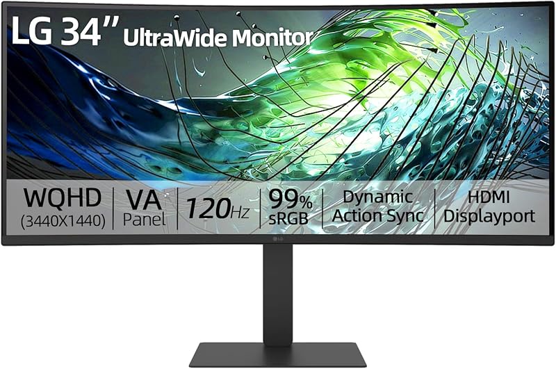 Monitor curvo ultraancho de 34", panel VA WQHD (3440 x 1440), 120 Hz, HDR10, sRGB 99 %, pantalla multitarea, HDMI, DisplayPort, soporte ergonómico ajustable en altura/giro/inclinación