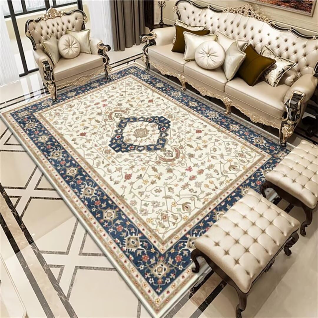 Tapis rétro bleu au design imprimé exquis pour maison et salon