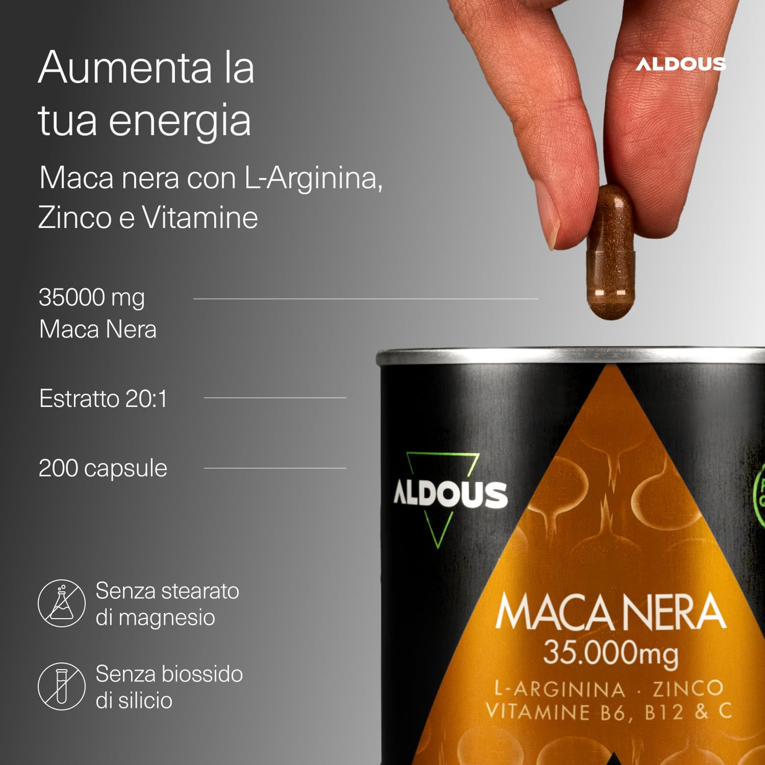 Maca Peruviana Nera Complex 35.000 mg - Estratto Alta Qualità 20:1-200 Capsule Maca Nera - Energia, Vitalità - Arginina, Zinco, Vitamine B6, B12, C - Vegan - ALDOUS