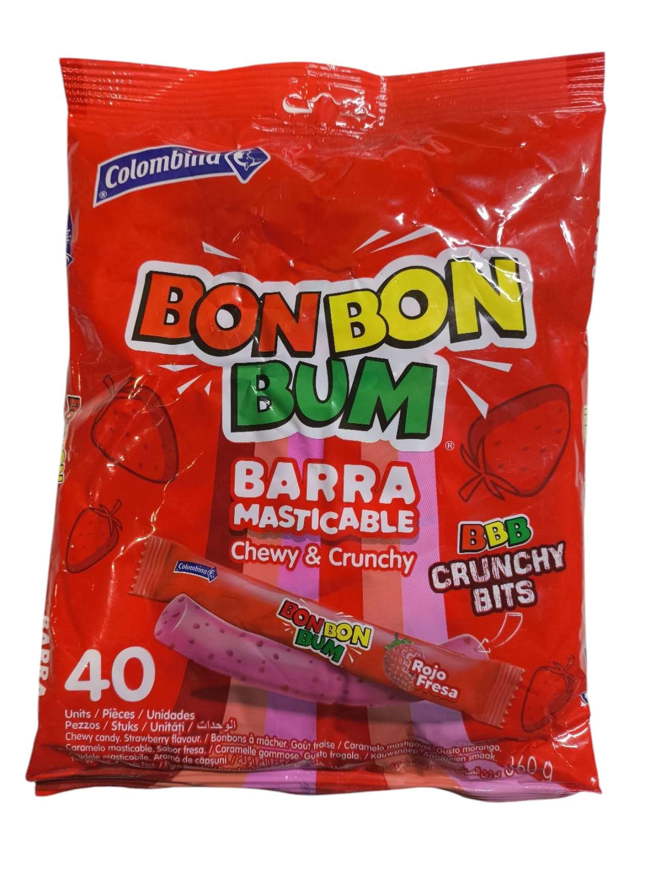 Bon Bon Bum Barra Masticable Sabor a Fresa Caramelos Suaves 360g Pack 40 Unidades