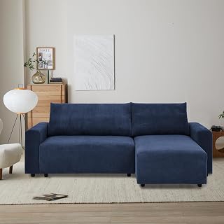 Corduroy Sofa Bed with Storage,L Shaped 3-Seat Slide Track Couch Sleeper for Living Room,Home Apartment,Bedroom, Blue Couch Bed,92x52x35 inche