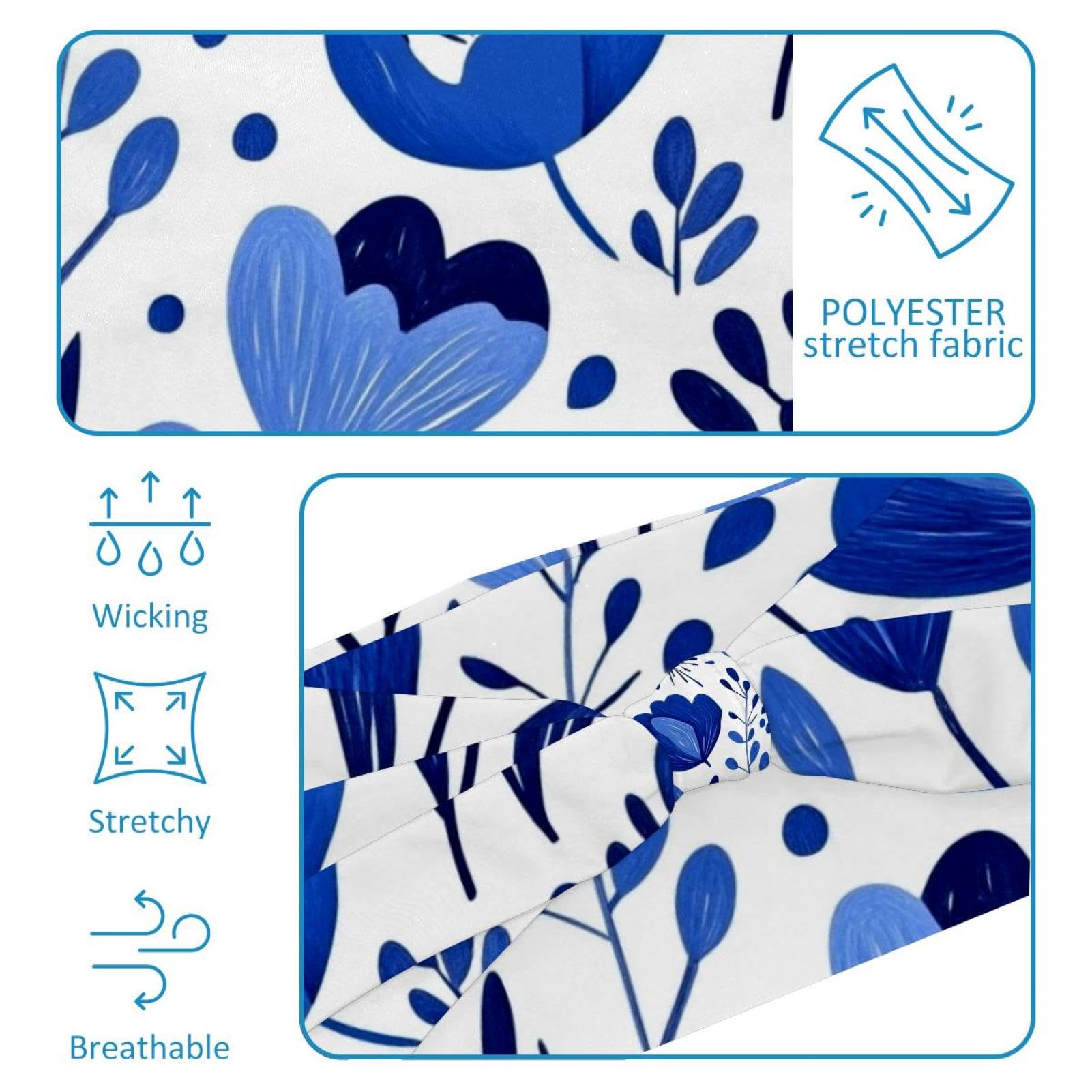 Lot de 6 bandeaux larges extensibles pour femme - Bleu vif - Motif floral abstrait simple - Pour l'entraînement, le sport et un usage quotidien