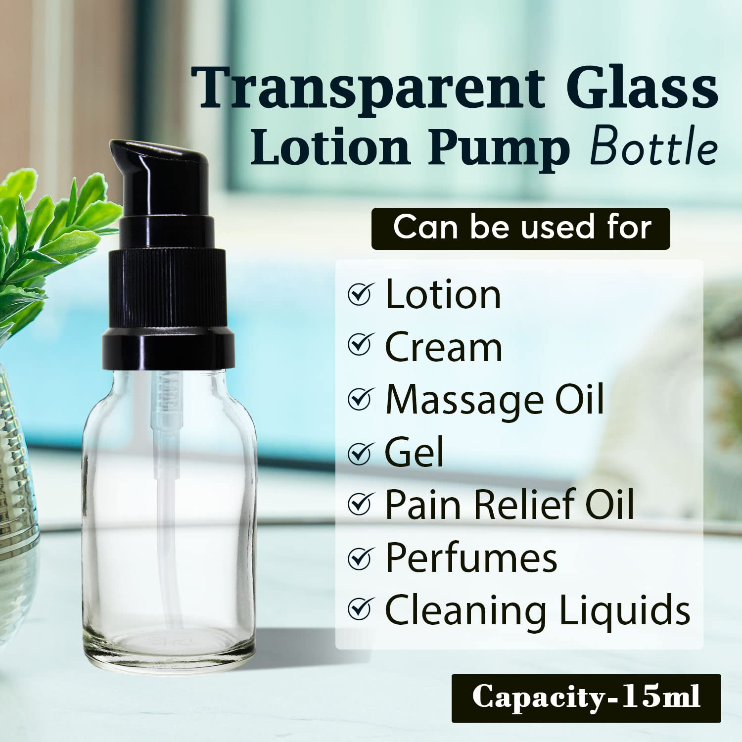 nsb herbals 15 ml Clear/Transparent Round Empty Glass Bottle With Lotion Pump And Black Cap For Essential Oils, Diy Skin Care, Cosmetics, Bottle (Pack Of 3) - Image 5 thumbnail