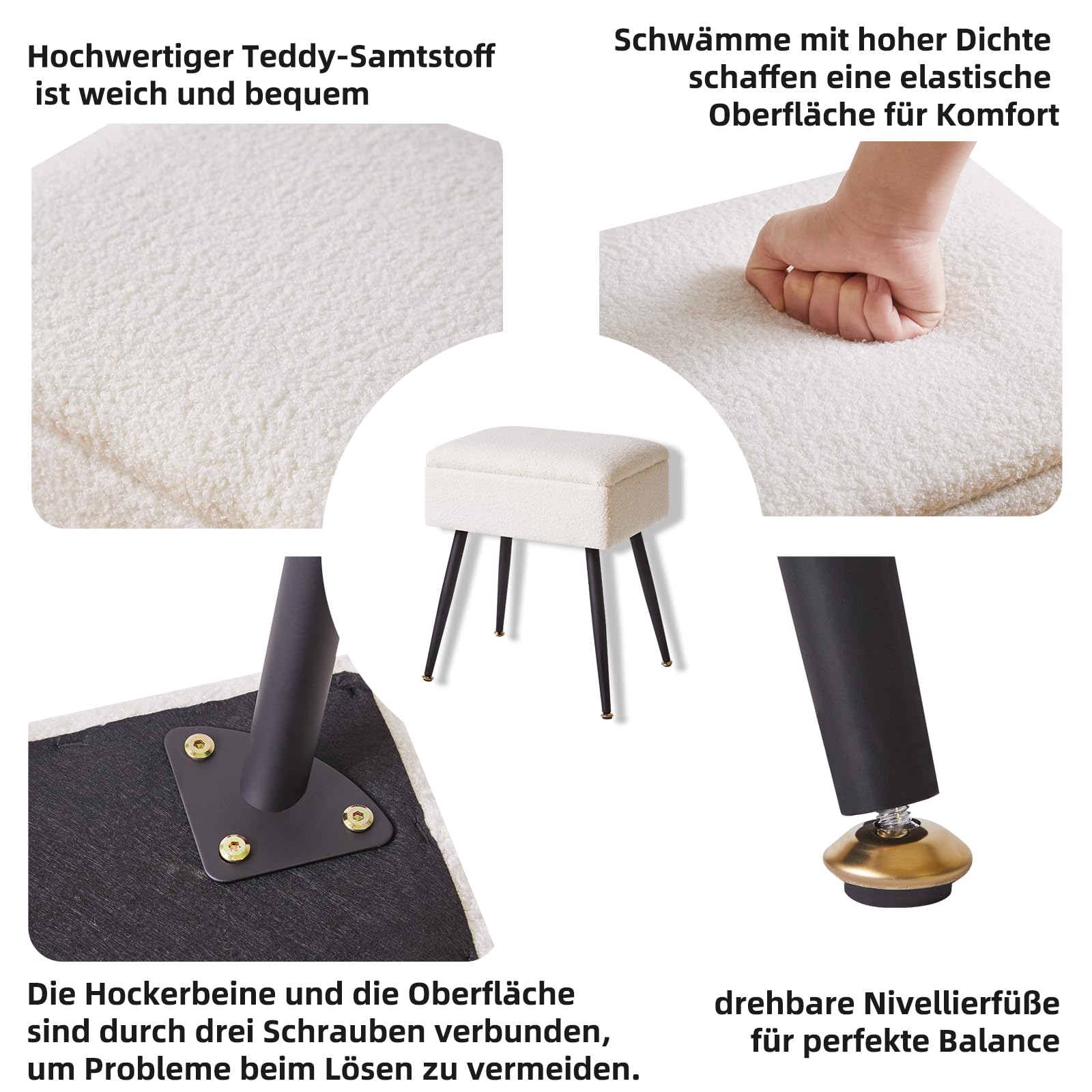 Aibiju Teddyfellimitat Hocker mit Stauraum, Rechteckiger Fußstützenstuhl Ottoman,Schminktischsitz, Kleiner Beistelltisch für Schminkzimmer, Schlafzimmer, Weiß YD-SMS137W