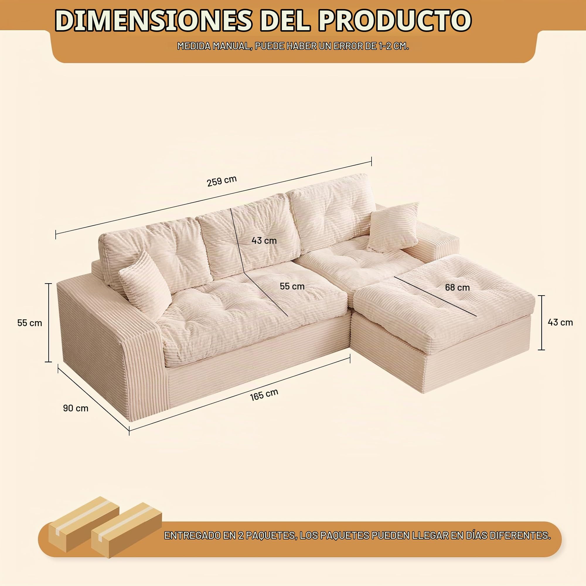 Sofá Chaise Longue 3 Plazas Modular con Puf Móvil, Pana, Beige | Sin Montaje, Asiento Profundo, Espuma de Alta Densidad, Cojines de Respaldo, Salón o Apartamento