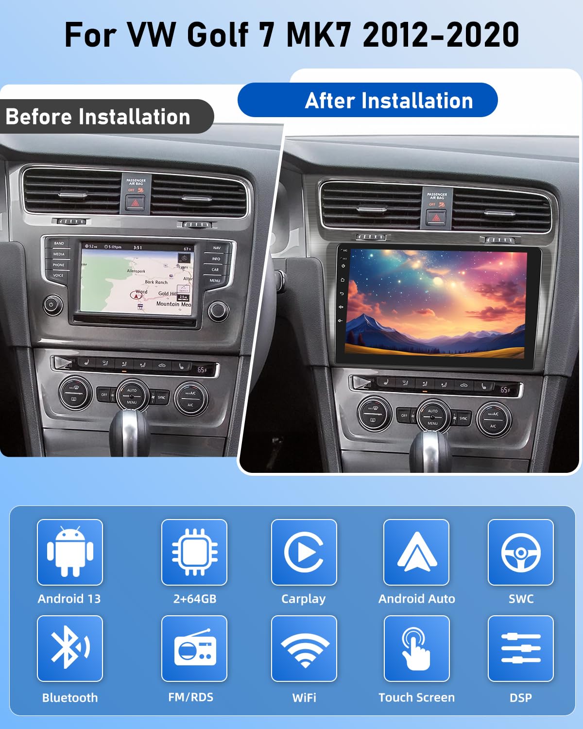 NHOPEEW 2G+64G Android Autoradio per VW Golf 7 MK7 2012-2020 - Senza fili Carplay e Android Auto - 10.1 pollici Android Stereo con WiFi EQ GPS Mirror Link FM RDS + Telecamera posteriore