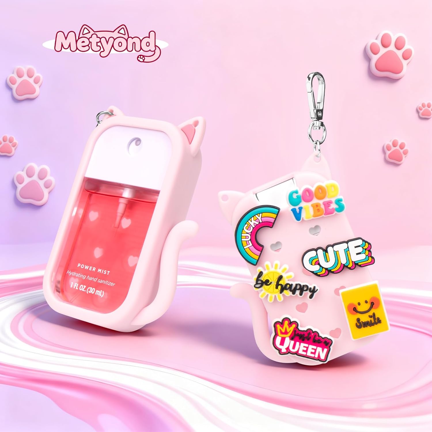 Metyond Silicone Case Compatible with Touchland Hand Sanitizer Spray 1 FL OZ/30ML, Portable Cat-shaped Case with 6 Charms and Keychain, Cute Hand Sanitizer Spray Accessory (1PCS Pink) - Image 7