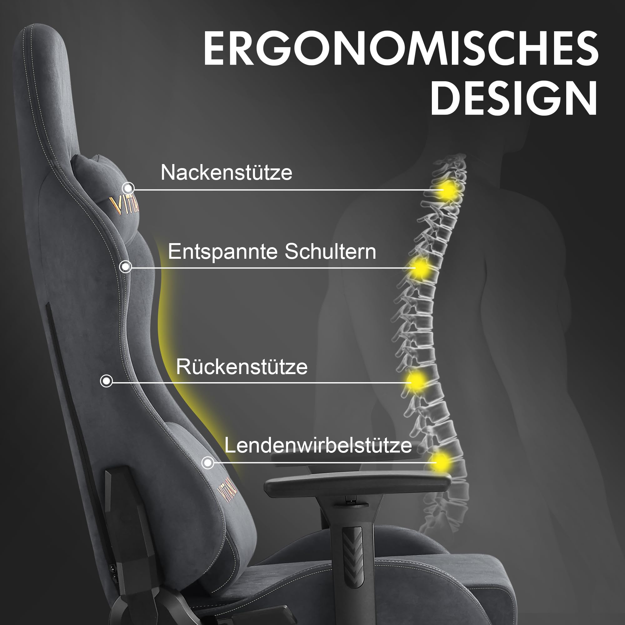 Vittanly Gaming Stuhl, Luxuriöser Wildlederimitat Gaming Chair Bürostuhl, Ergonomischer Schreibtischstuhl mit Fußstütze Kopfstütze und Lendenkissen, 3D Armlehnen, 90-155° Rückenlehne, Grau