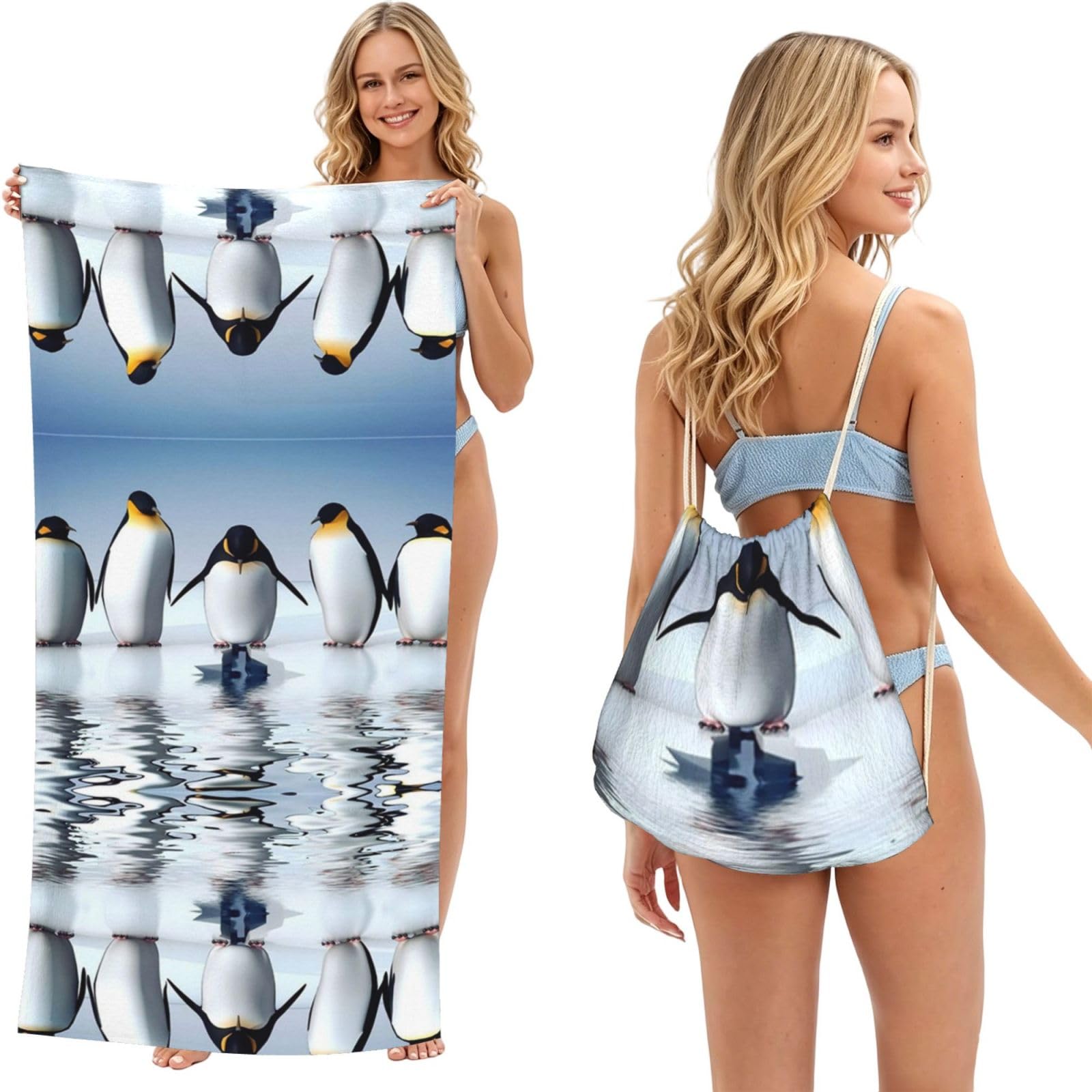 SATUSA Penguin Print 2-In-1 Foldable Beach Towel Backpack â€“ Camping, Yoga And Travel,Bath Towel With Built-In Storage, Convertible Beach Mat & Carry Bag
