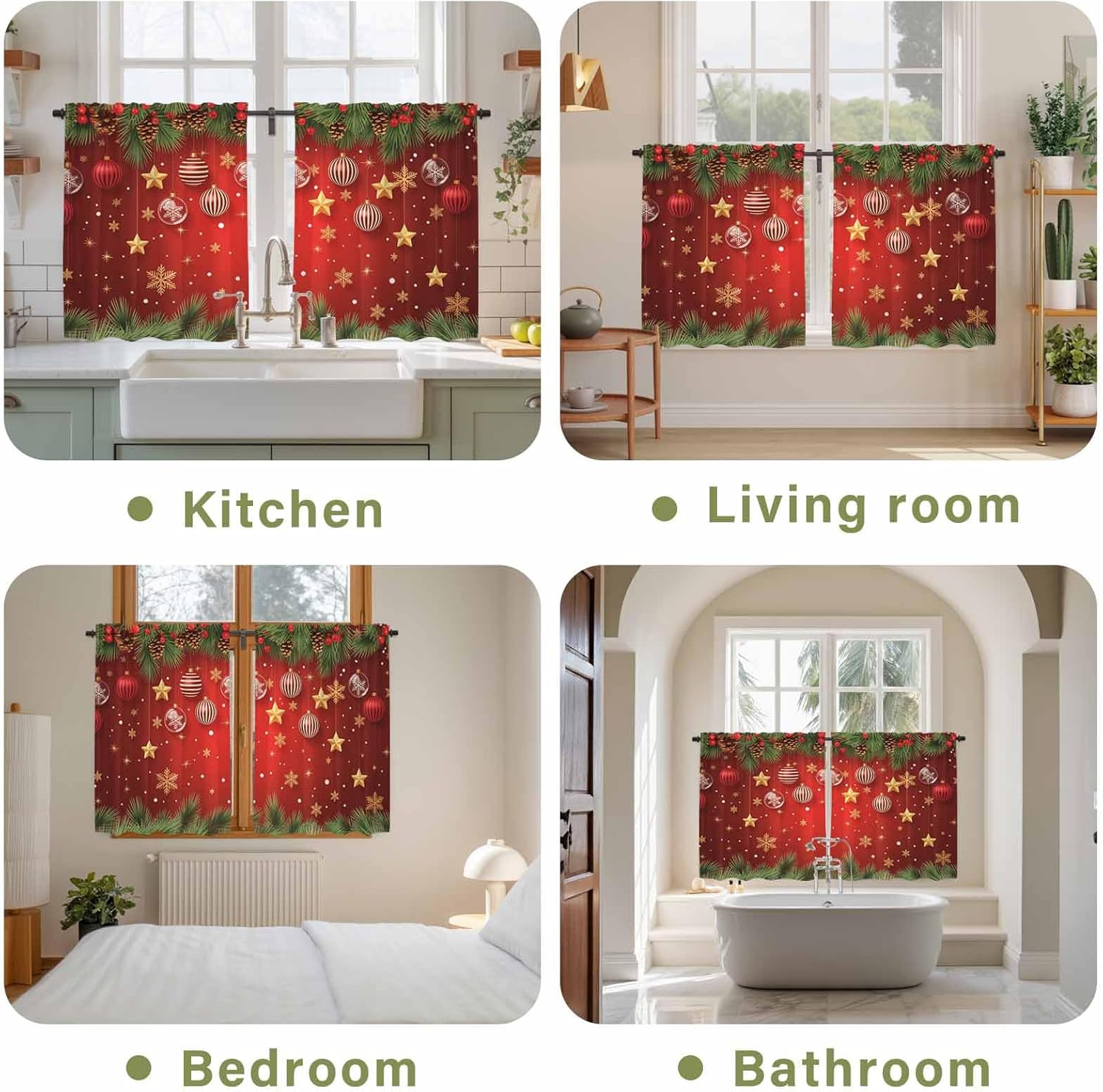 Merry Christmas Kitchen Tier Curtains 45 Inch Long 2 Panel Set,Rod Pocket Short Window Treatment,Red Xmas Balls Star Pine Branch Winter Curtains & Drapes for Bathroom Basement 27.5"W x 45"L