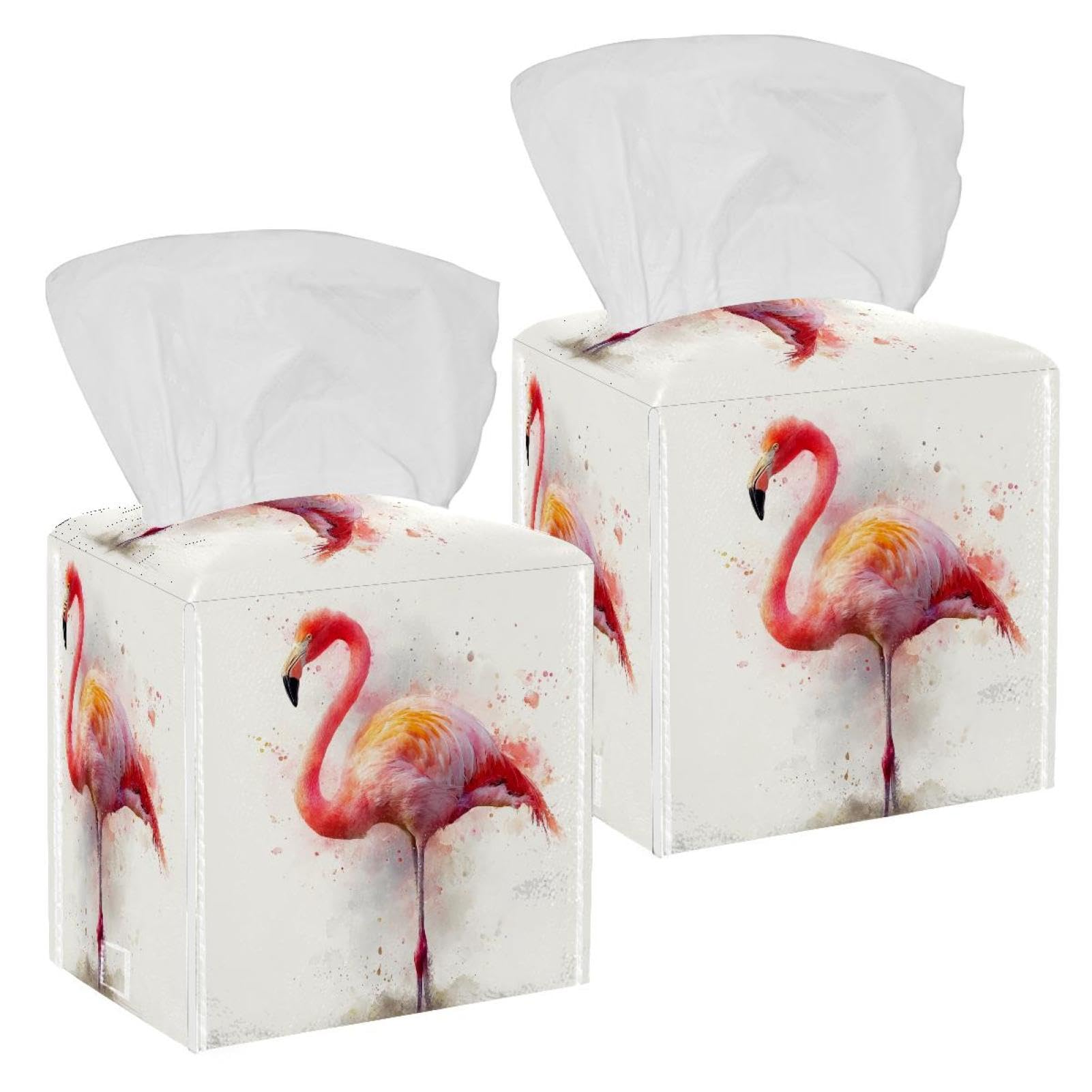 Flamingo Tissue Box Cover, 2 Pack PU Leather Square Facial Tissue Dispenser Box holder for Home Office Car