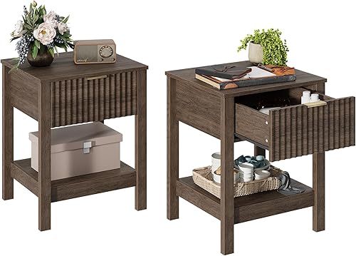 Miniatura 15 de Mesita de noche acanalada con mango dorado, juego de 2 mesitas de noche de mediados de siglo con cajón, mesita de noche con estante de 2pc_Oak,1