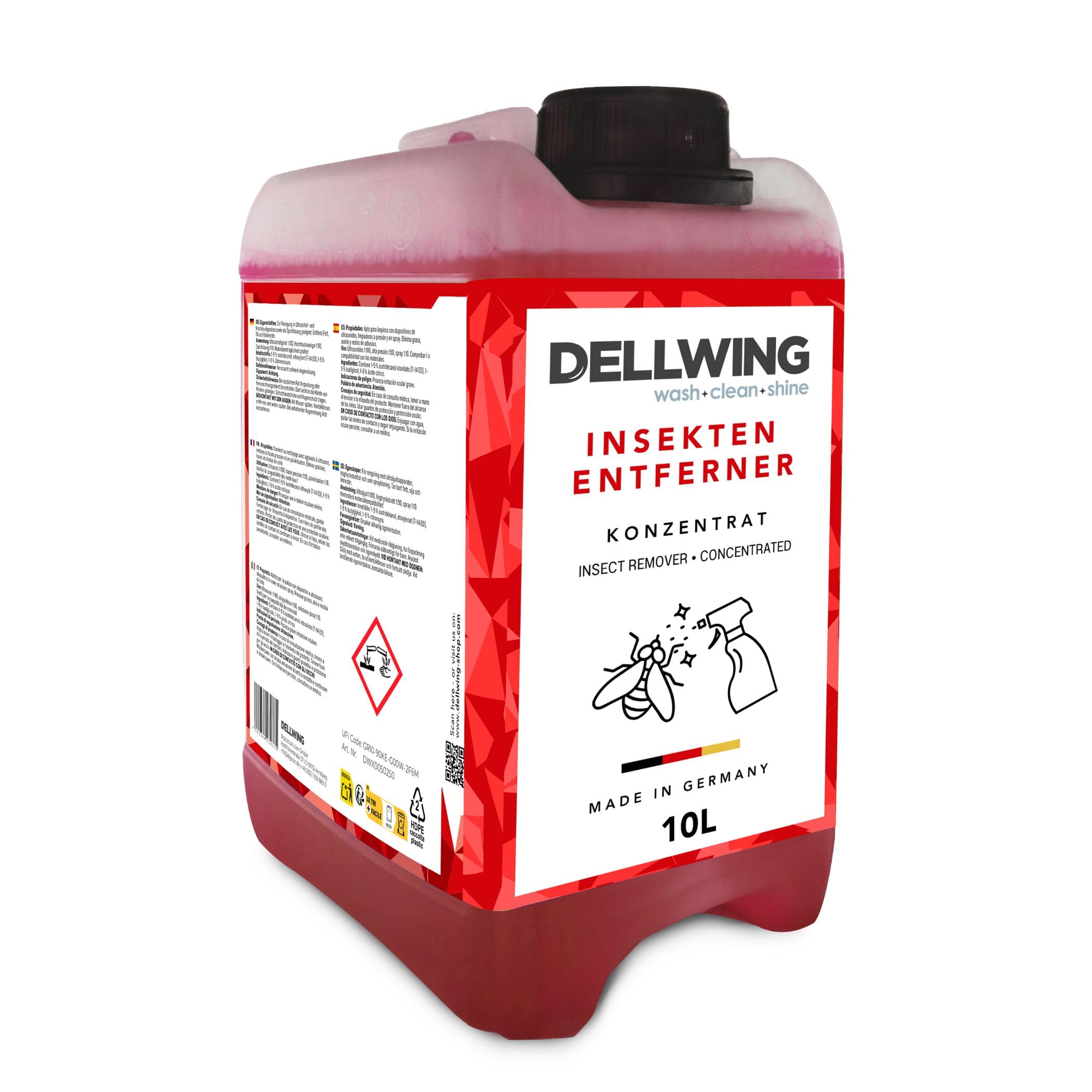 DELLWING Detergente per Insetti concentrato 10 l, rimuovi Insetti per Auto, per Vernice, Vetro e plastica, Ideale per Il pretrattamento Prima del Lavaggio, Made in Germany