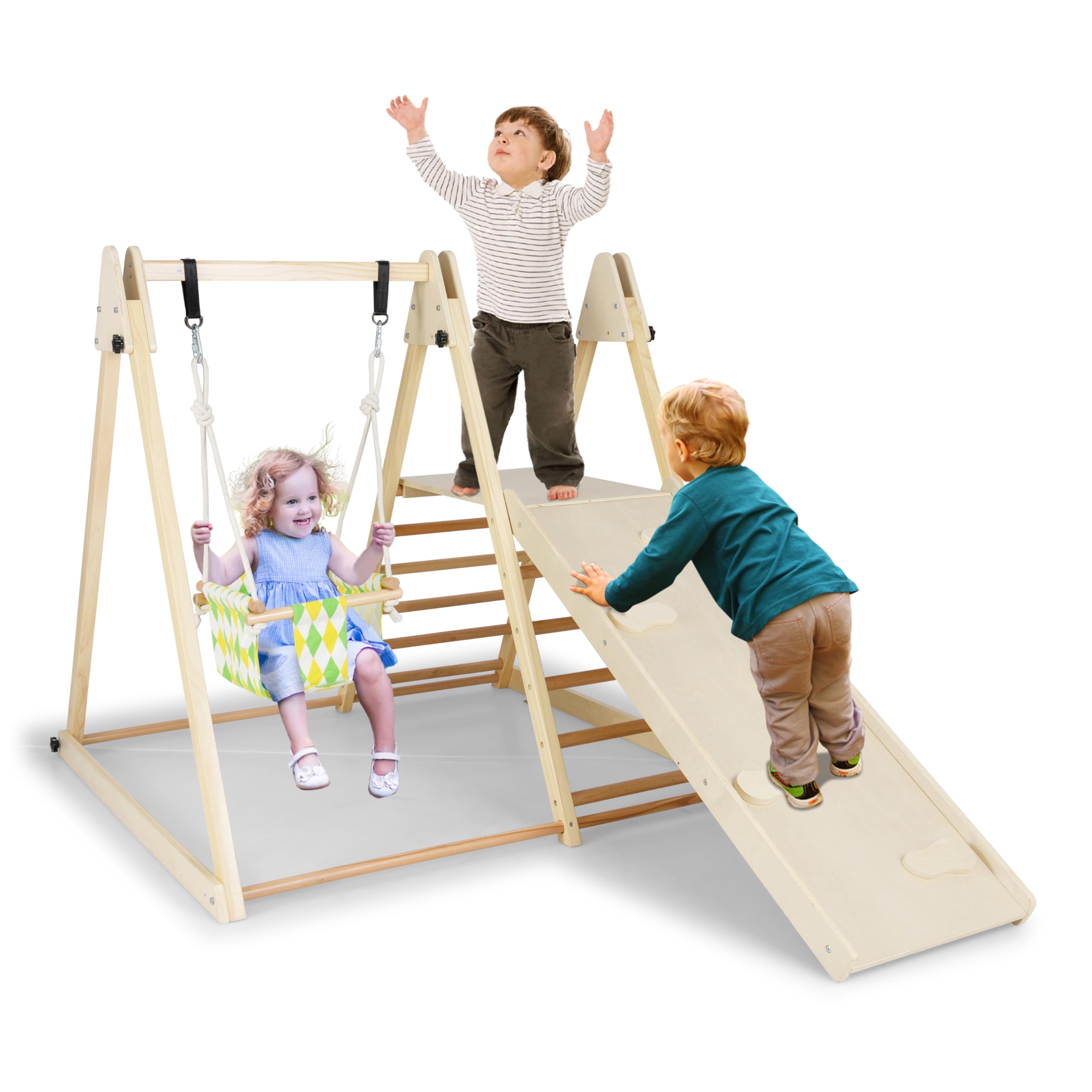 COSTWAY Parque Infantil 4 en 1, Estructura de Escalada con Columpio para Bebés, Plataforma de Descanso, Rampa y Escalera, Tobogán Infantil Montessori de Madera para Niños de 1+ Años (Natural)