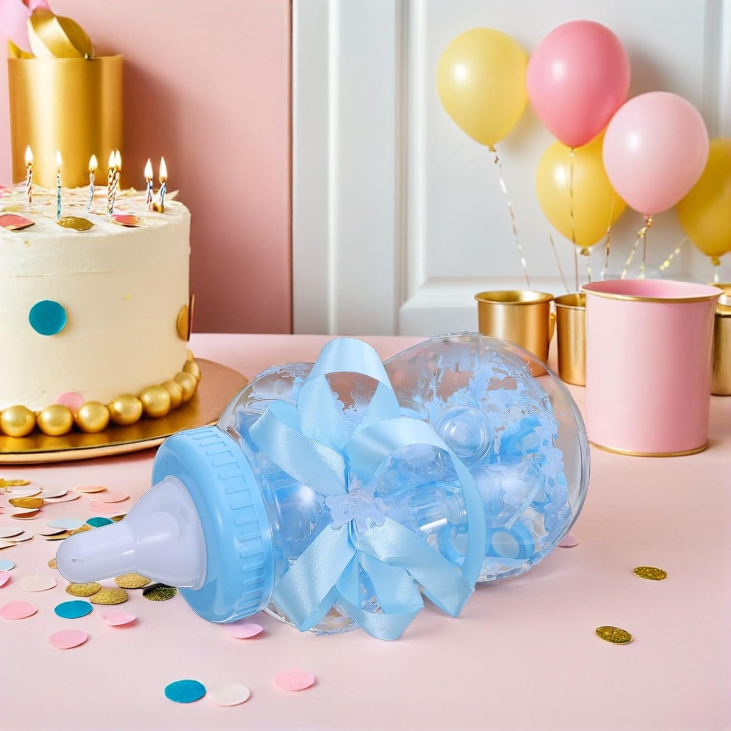 Bottle Candy Containers Set with 30 Mini Bottles, Blue Plastic Candy Boxes for Shower Party Favors and Treat Storage