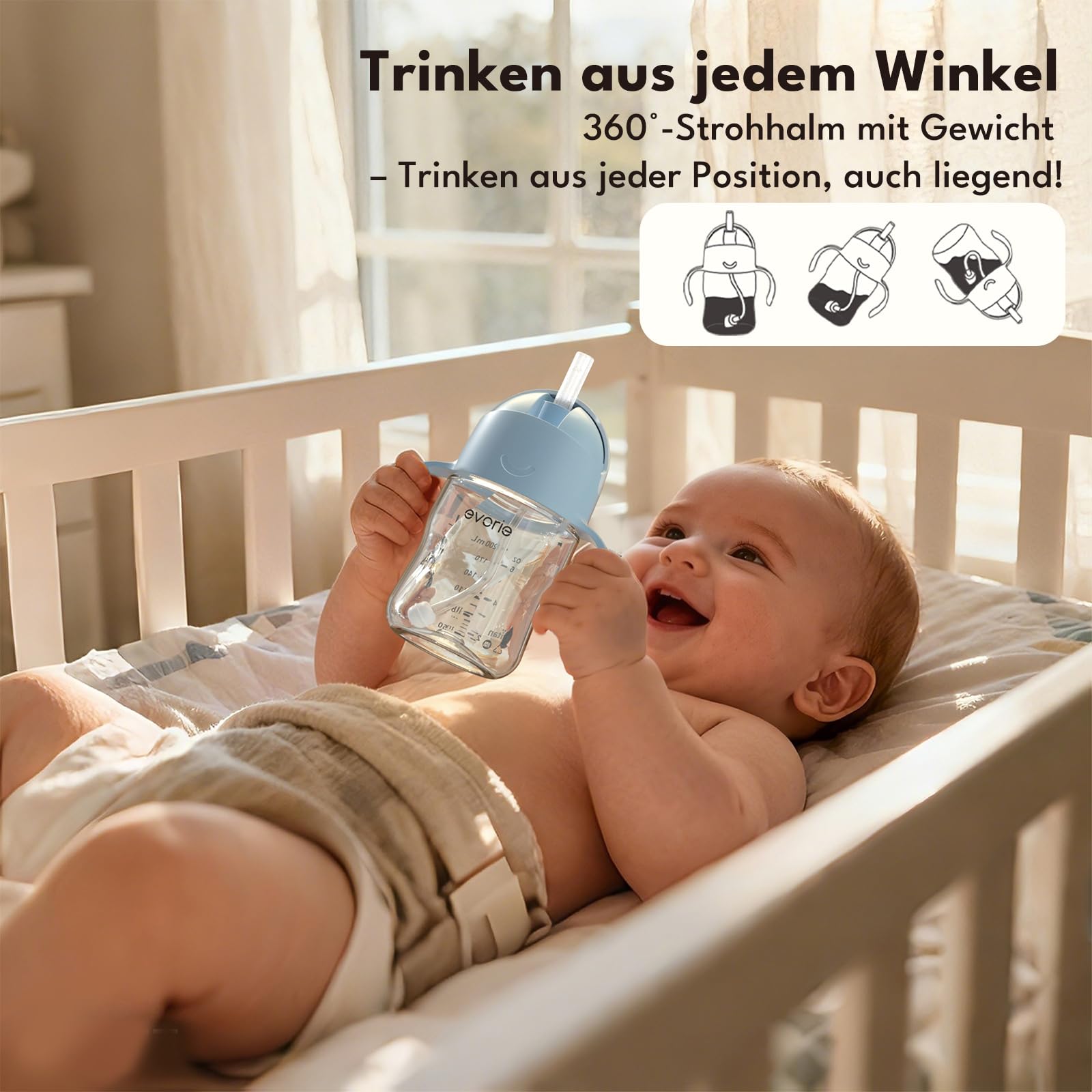 Evorie Tritan Trinkflasche mit Gewichtsstrohhalm 200 ml, auslaufsicher mit Griffen für Babys ab 6 Monaten, Trinklernflasche