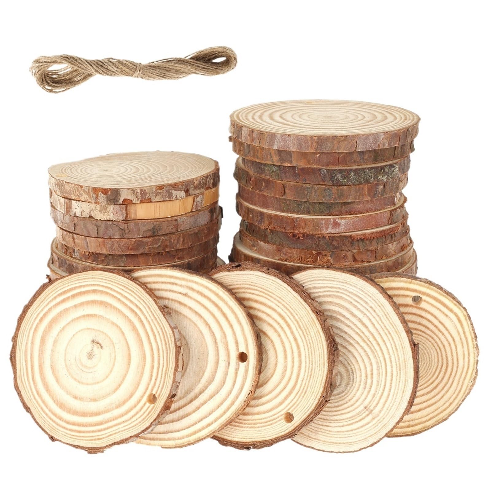Niewykończone drewno z korą 30pcs Craft Wood Kit with Hole Wooden Circles Tree Slices for Arts and Crafts Christmas Ornaments DIY Crafts(6 7cm)
