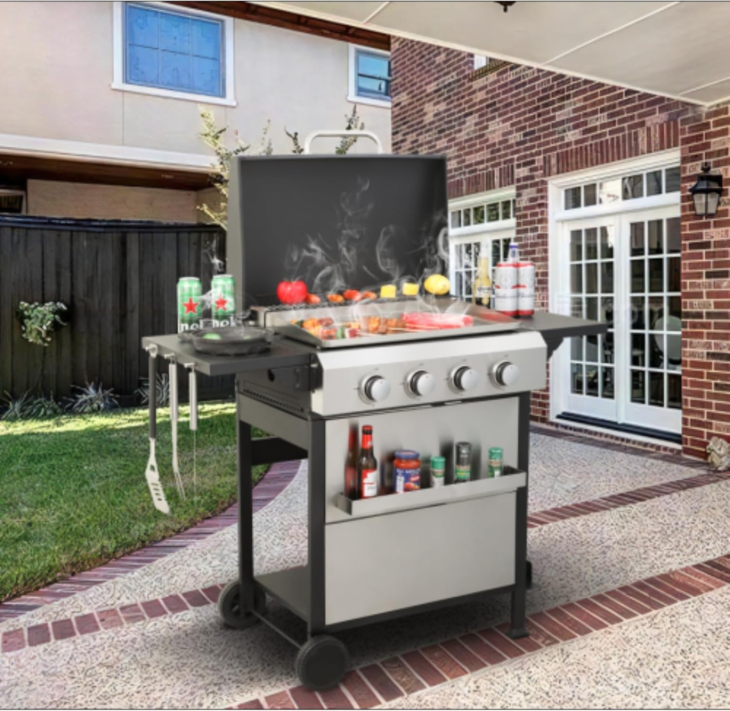 4-Burner Propane Gas BBQ Grill, SS Plancha, 49200BTU Output with Wire Enamel Cooking Grids for Outdoor Barbecue, Foldable Side Table, Hanging Basket, Stainless Steel