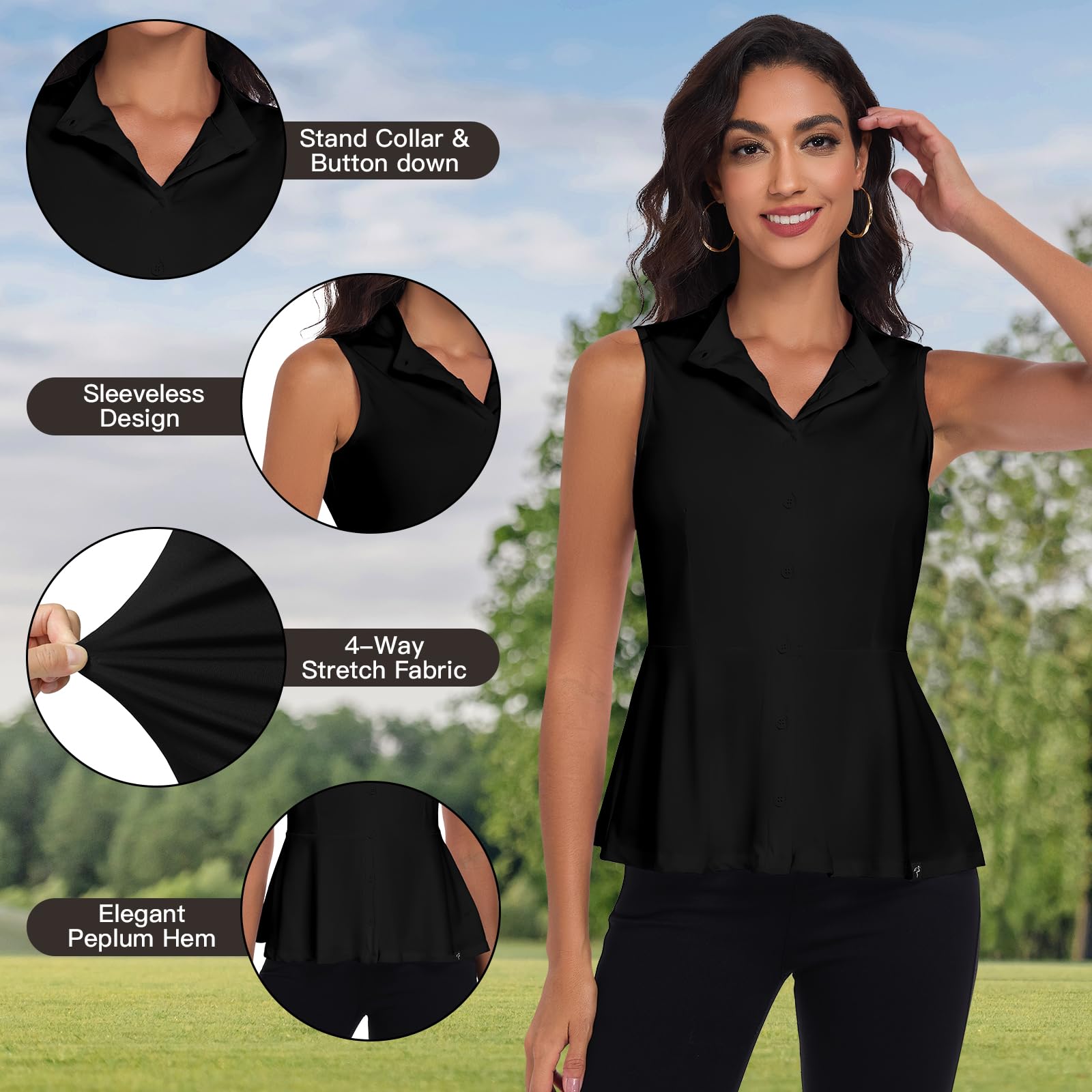 Soneven Camicia da donna elegante con colletto alto, senza maniche, polo da golf, canotta estiva, traspirante