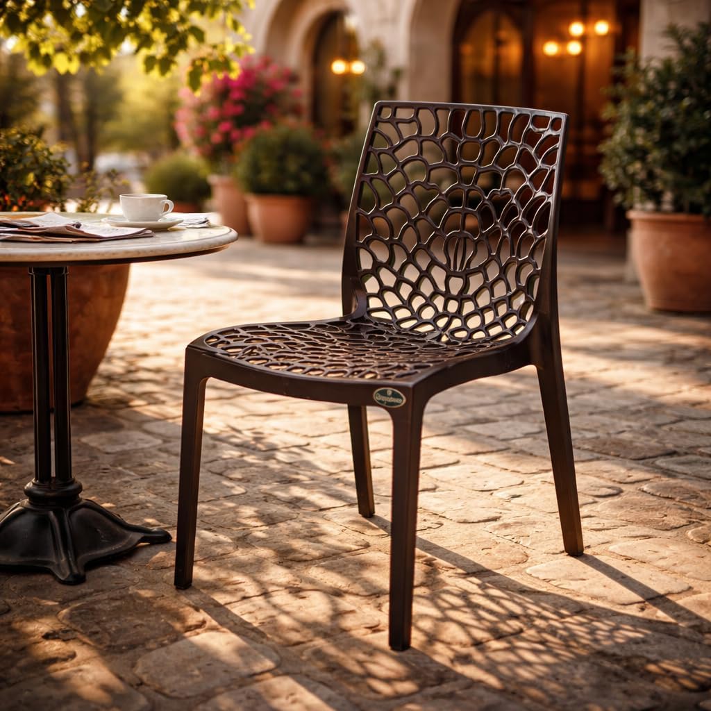 Highway Plastic Web Chair Outdoor Without Arm (Jali) Gloss Finish | Stackable 6 High | 150kg Capacity | UV Weather Resistant | Home Office Restaurant Garden Café | (1, Brown)-image-14