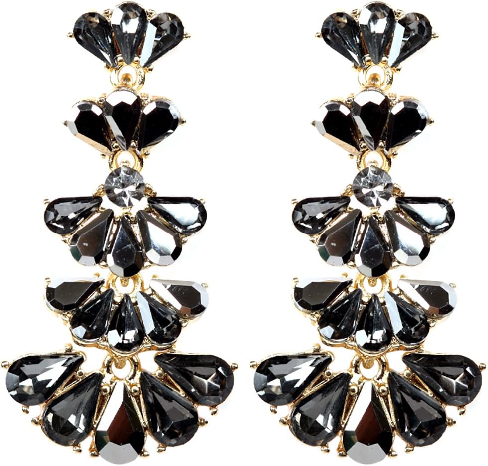 Rosemarie Collections Women's Vintage Vibes Crystal Rhinestone 5 Tier Fan Style Statement Dangle Earrings, 1.75"