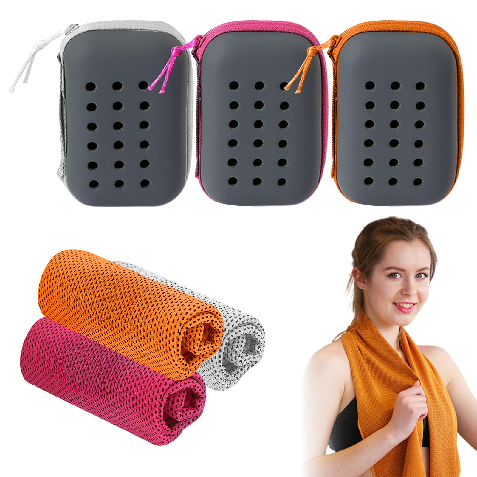 HXSYKJDM 3 Pack Cooling Towel, Gym Towels, Breathable Instant Towels Soft Microfiber with Portable Silicone Sleeves, Quick Drying Cool Neck Towel for Sport (Purple Red Orange)