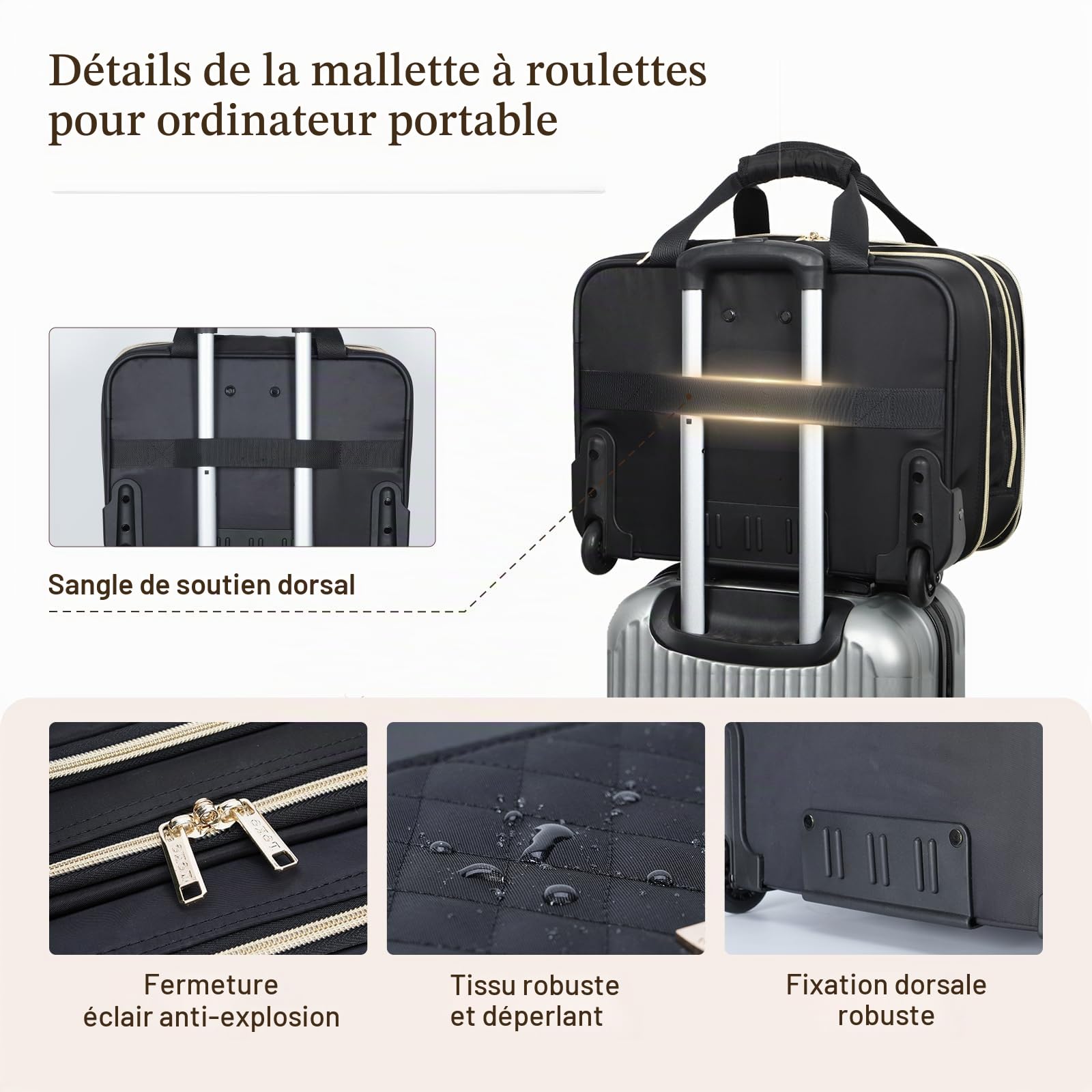 Valise à roulettes pour Ordinateur Portable Jusqu'à 15,6 Pouces, Étanche, Idéale pour Les Voyages d'affaires et Personnels, Noir