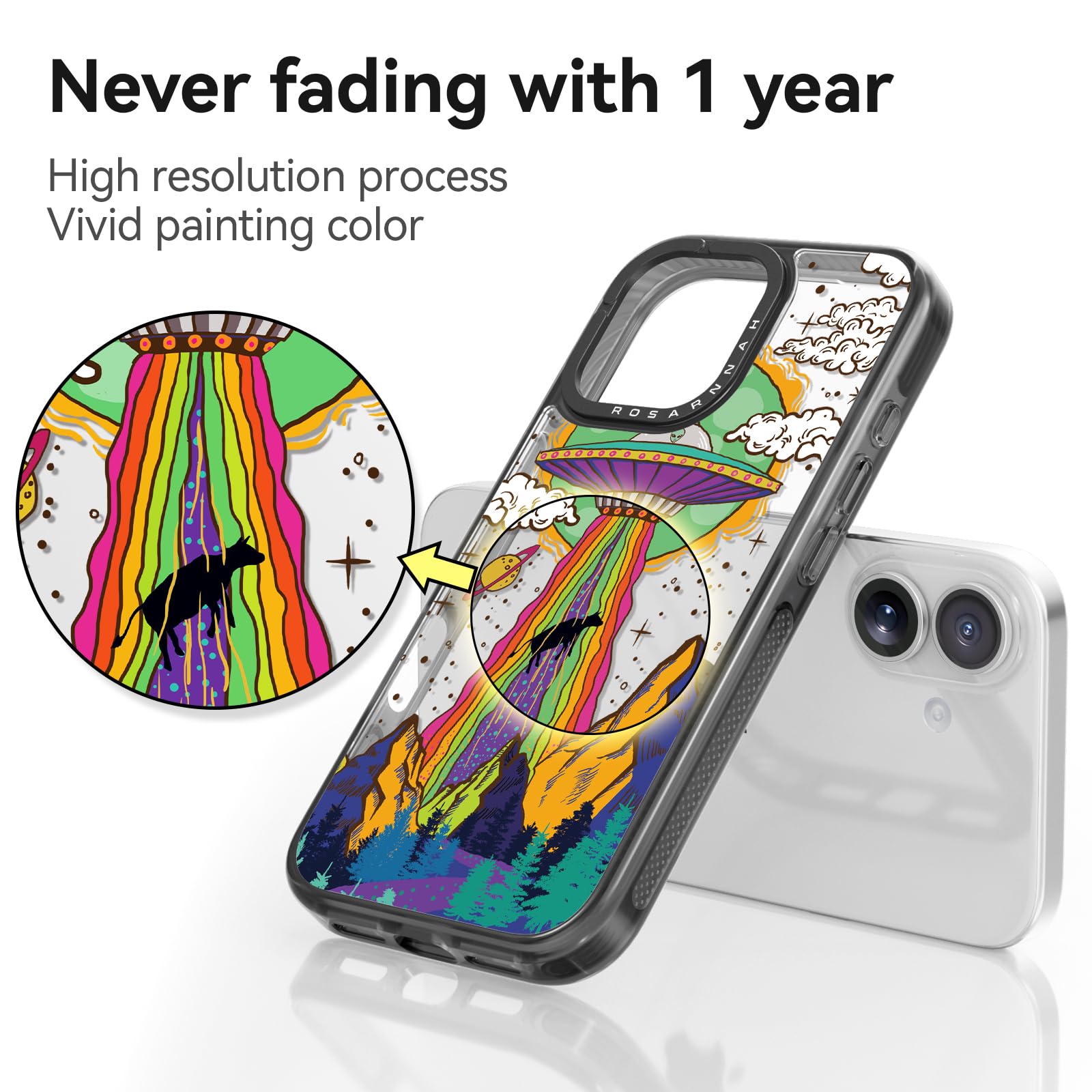 Rosarnnah 17BS - Funda compatible con iPhone – Funda duradera a prueba de golpes de impacto de caída de 6.5 pies – Negro divertido diseño OVNI para iPhone (6.1 pulgadas)