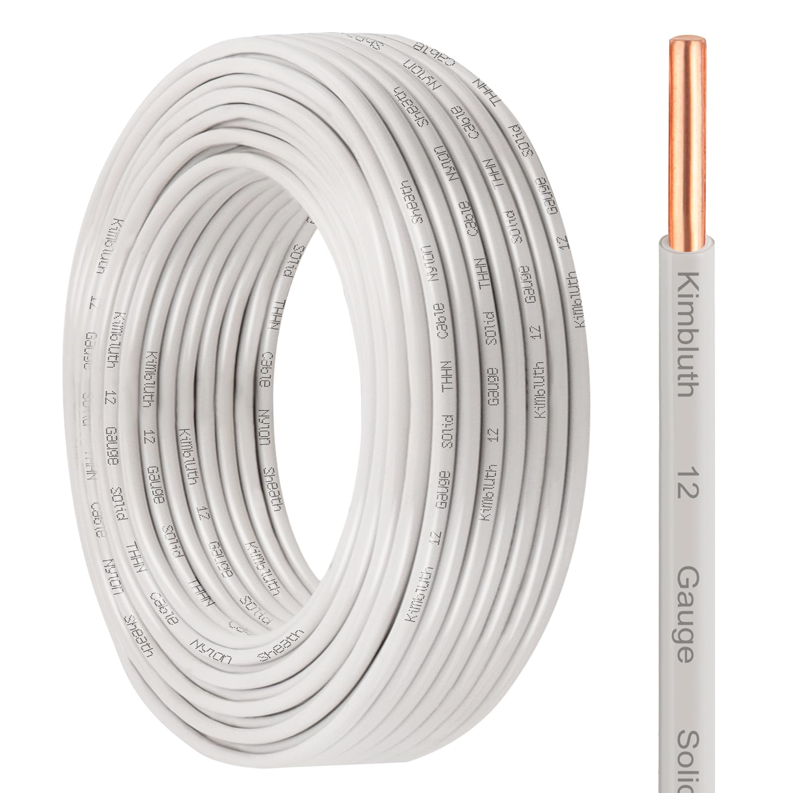 THHN Wire 12 Gauge 50 FT OFC Electrical Wire, 12 AWG Solid Copper Wire Rated up to 600V Building Wire Nylon Jacket for Residential, CNC, Ground, Industrial (12 Gauge, White)