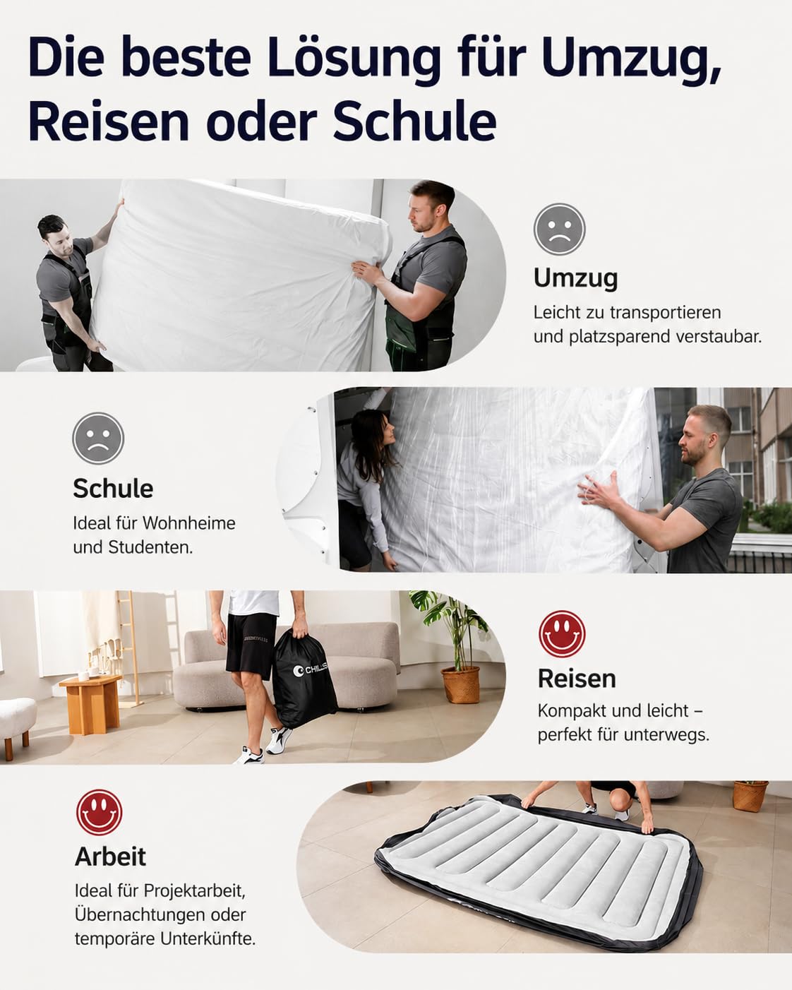 CHILLSUN Materasso ad aria doppio, 190 x 135 x 46 cm, letto ad aria per 2 persone, con pompa ad aria elettrica integrata, letto per ospiti, autogonfiabile, per campeggio, viaggi e casa