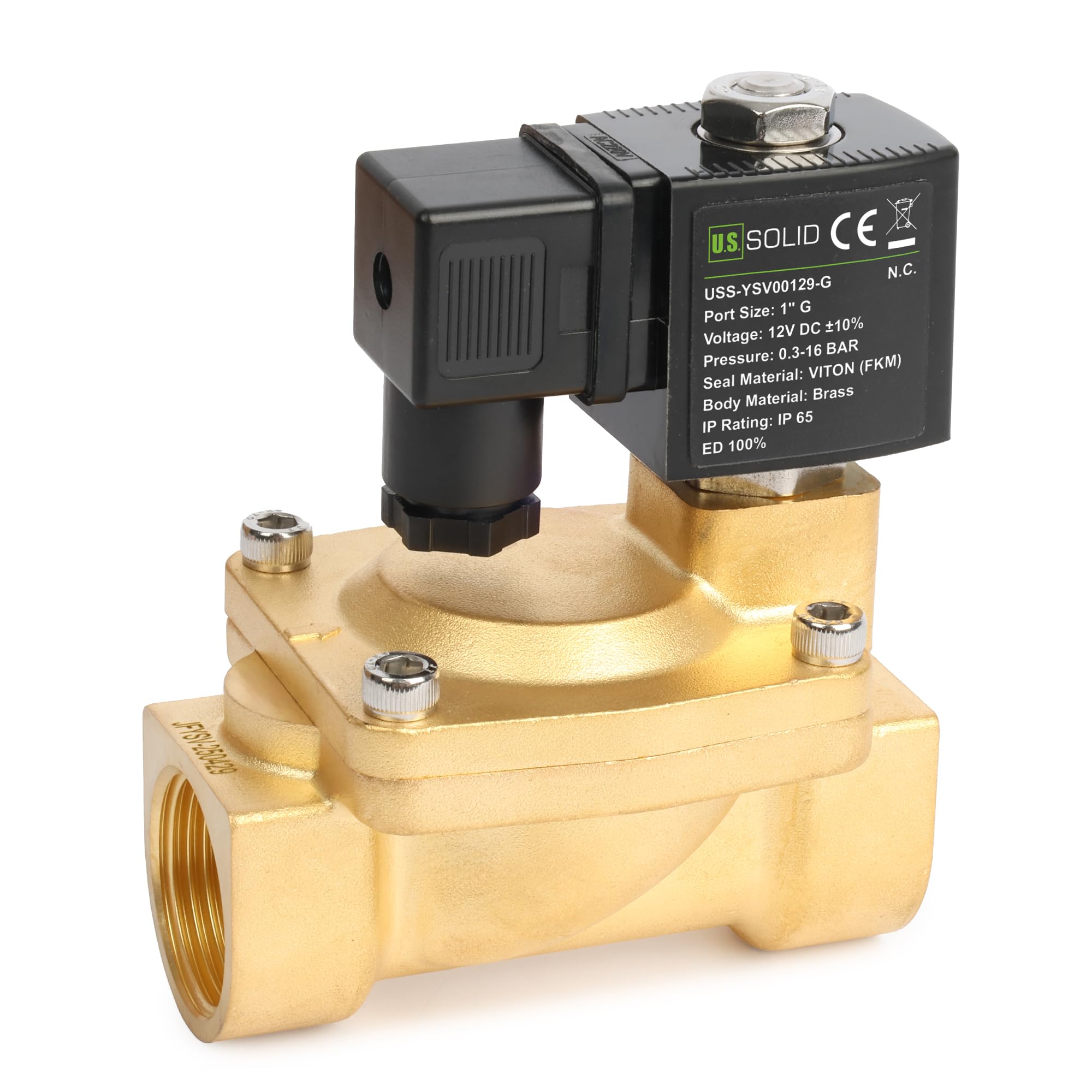 U.S. Solid Elettrovalvola a solenoide in ottone 1" G – 12V DC, 0,3–16 bar, normalmente chiusa, guarnizione VITON, funzionamento pilotato