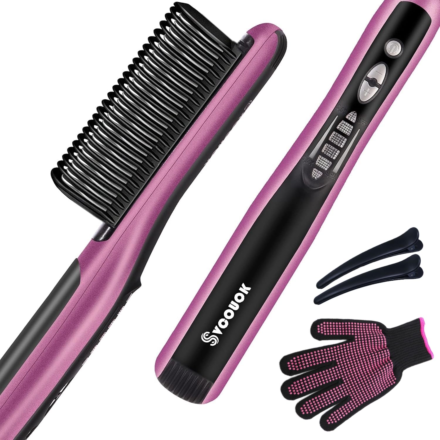 Professional Hair Straightening Brush - Fast Heating Ceramic Styler with 6 Adjustable Temp Settings, Anti-Scald & Auto-Off Safety - Sleek & Smooth Hair for Home, Travel, Salon