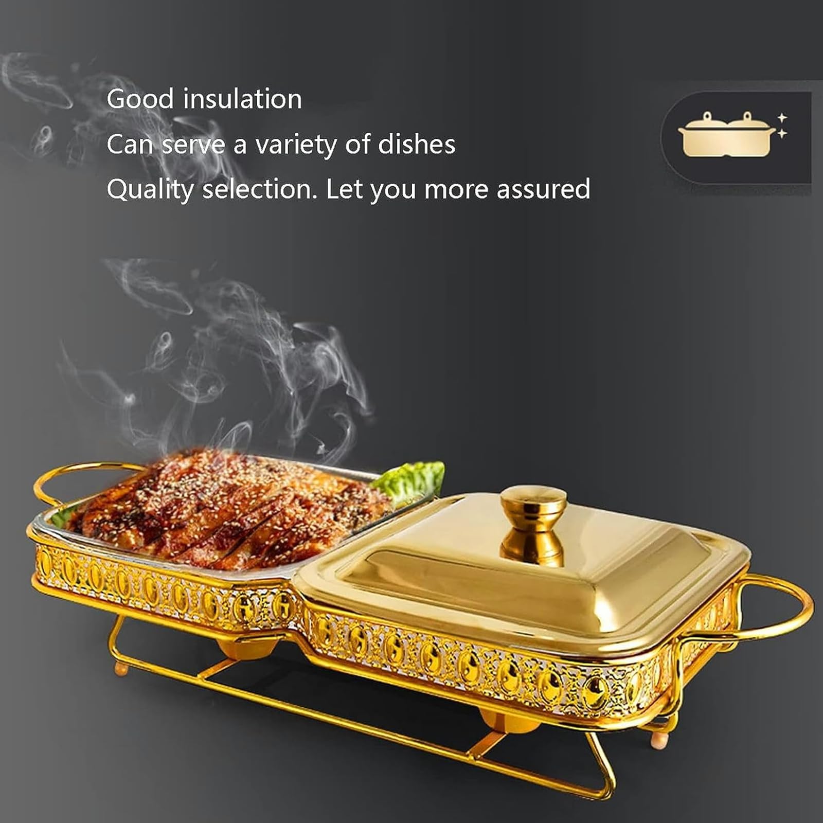 Calefacción buffet – Juego de buffet de hot pot buffet, set de calefacción plegable y buffet, olla de comida, olla de agua, estante de combustible y tapa para eventos de catering (dorado)