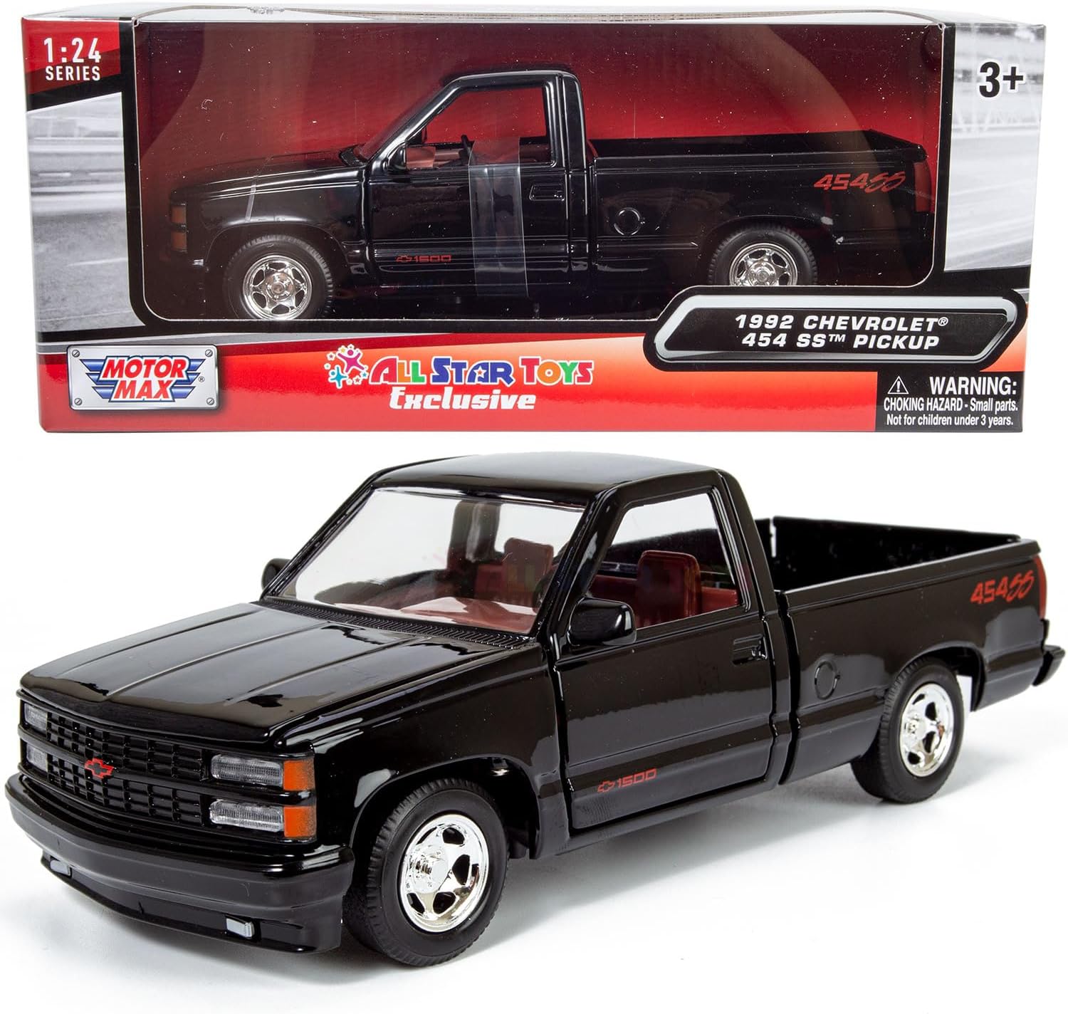 1992 Chevy 454SS Pickup Truck 1/24 Scale Diecast Model Car Black with Red Interior Motormax 73203 Exclusive Edition