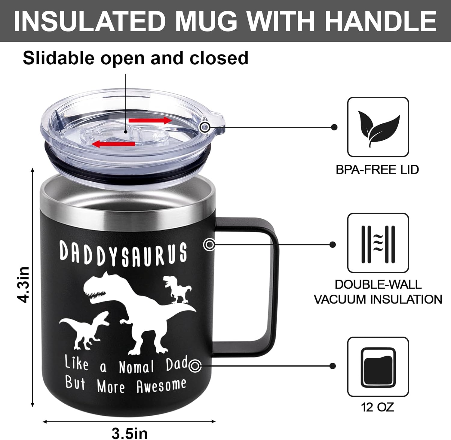 Dad Gifts from Daughter Son, DADDYSAURUS 12oz Stainless Steel Insulated Mug Tumbler with Lid for Dad, Men's Gifts for Ideas for Father's Day Christmas - Image 3