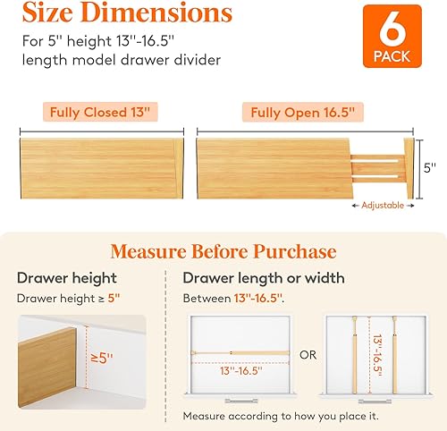 Miniatura 2 de Lifewit Paquete de 6 separadores de cajones de bambú de 5 pulgadas de profundidad, organizadores de cajones expandibles de 13 a 16.5 pulgadas para