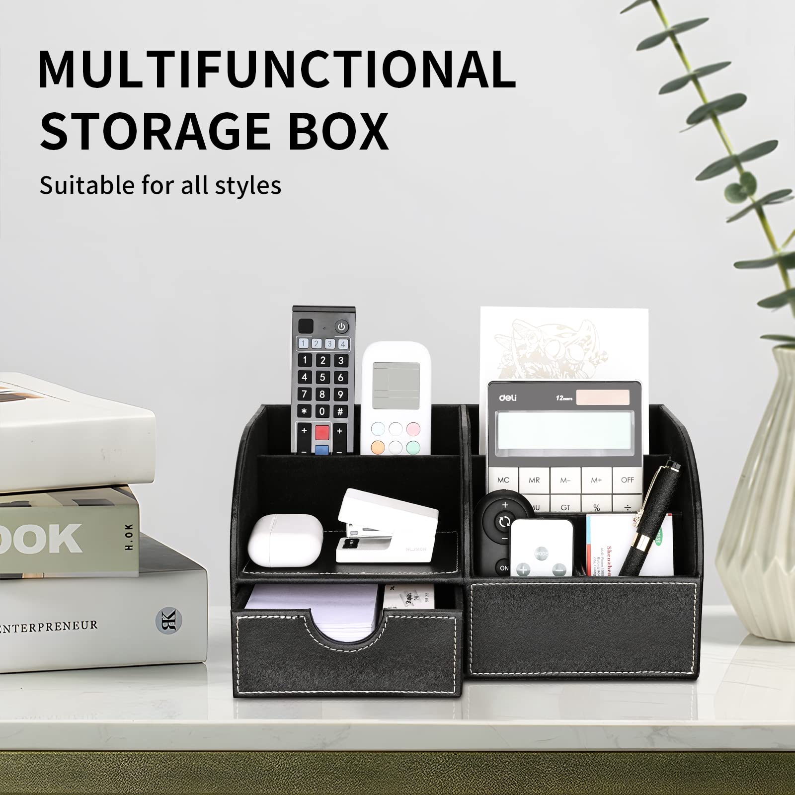 Richblue Schreibtisch Organizer, PU Leder Stiftehalter Schreibtisch, Multifunktionaler Büro Organizer mit Klein Schublade (7 Fächern-Schwarz)