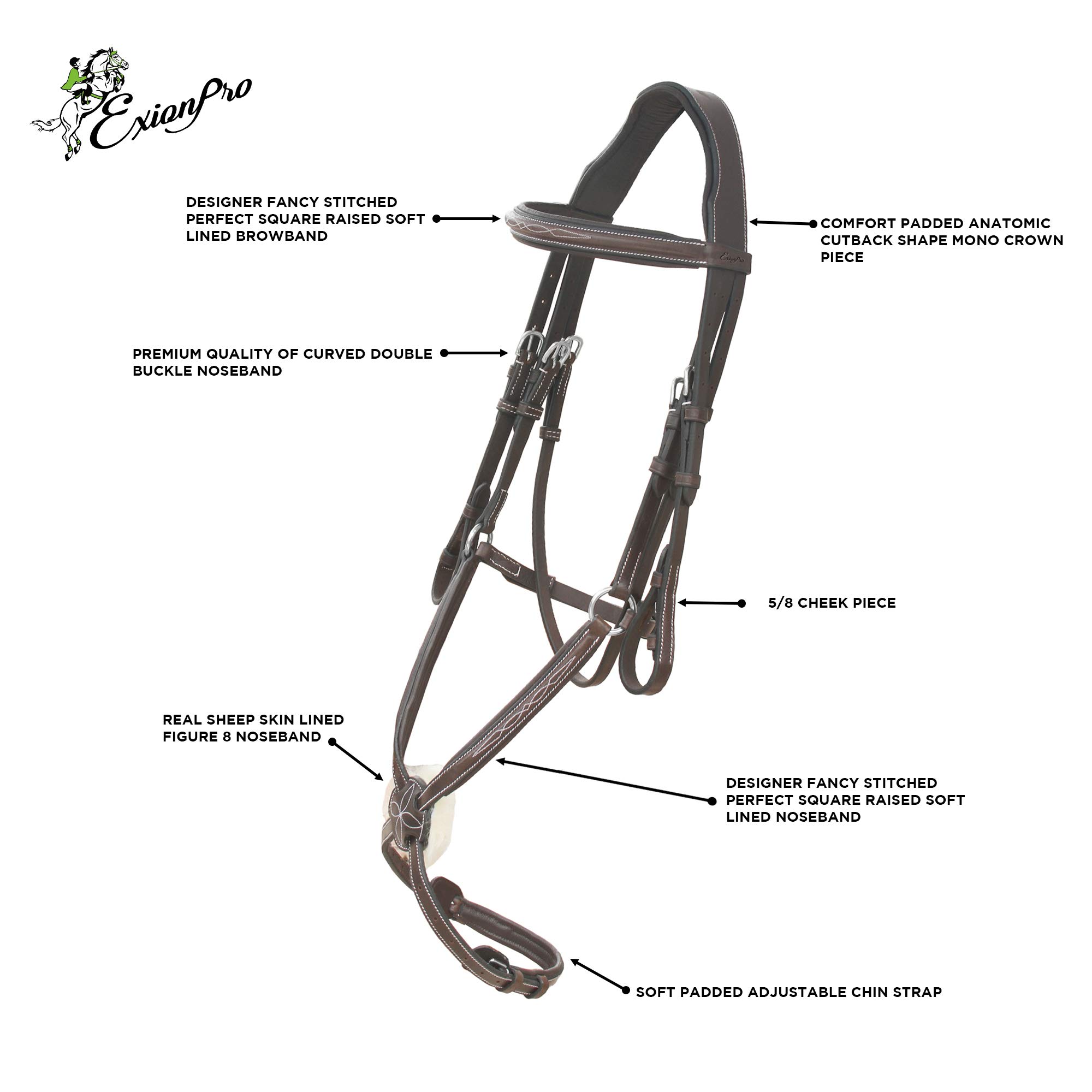 Exion - Briglie doppie imbottite in pelle con impugnatura in gomma PP e fibbie in ottone, set da equitazione con briglie imbottite, Havana (Choco Brown), Horse (Full)