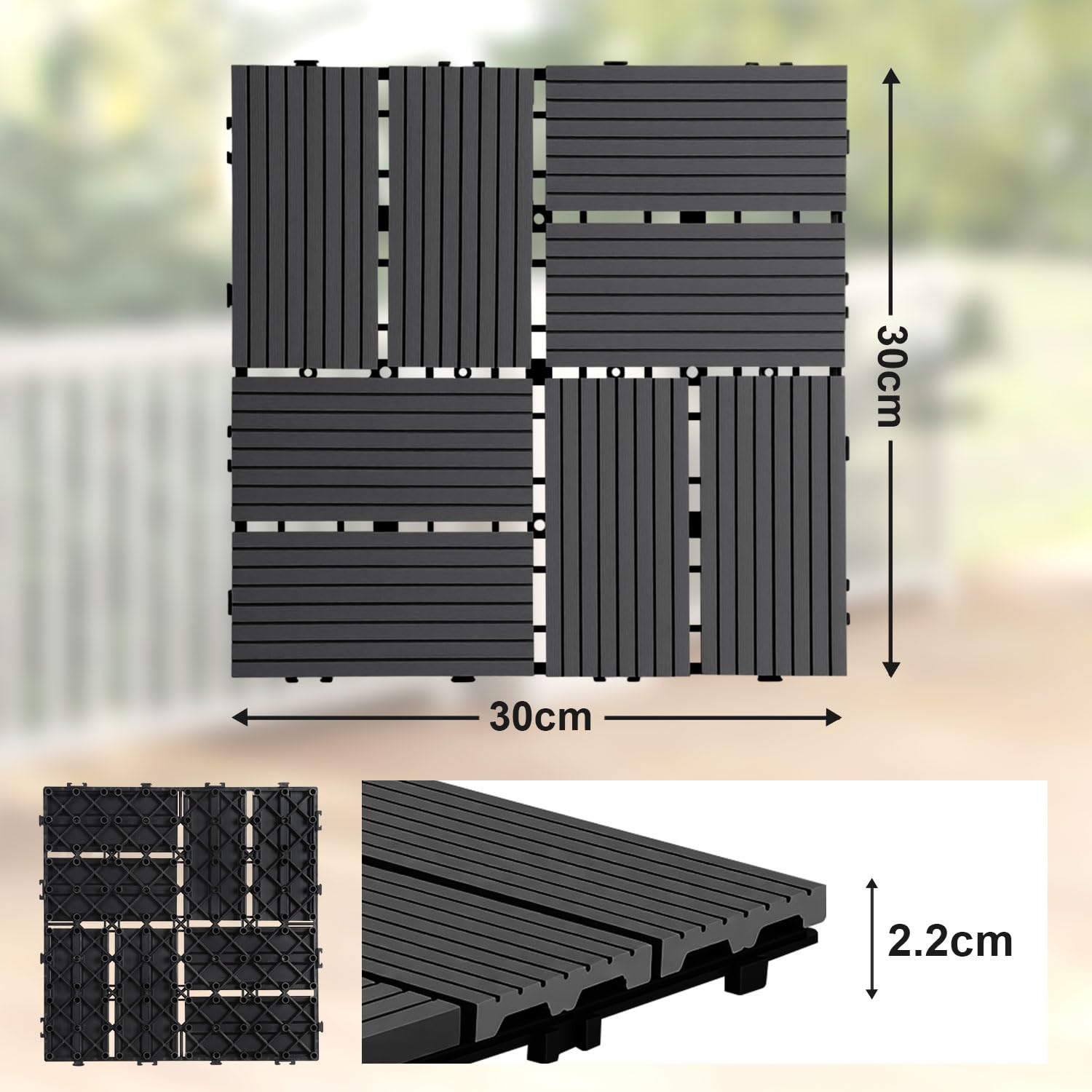 Piastrelle WPC 30 x 30 cm, 22 pezzi, 2 m², resistenti alle | Piastrelle per terrazze in WPC con sistema a clic, piastrelle in plastica con drenaggio, per balcone, giardino