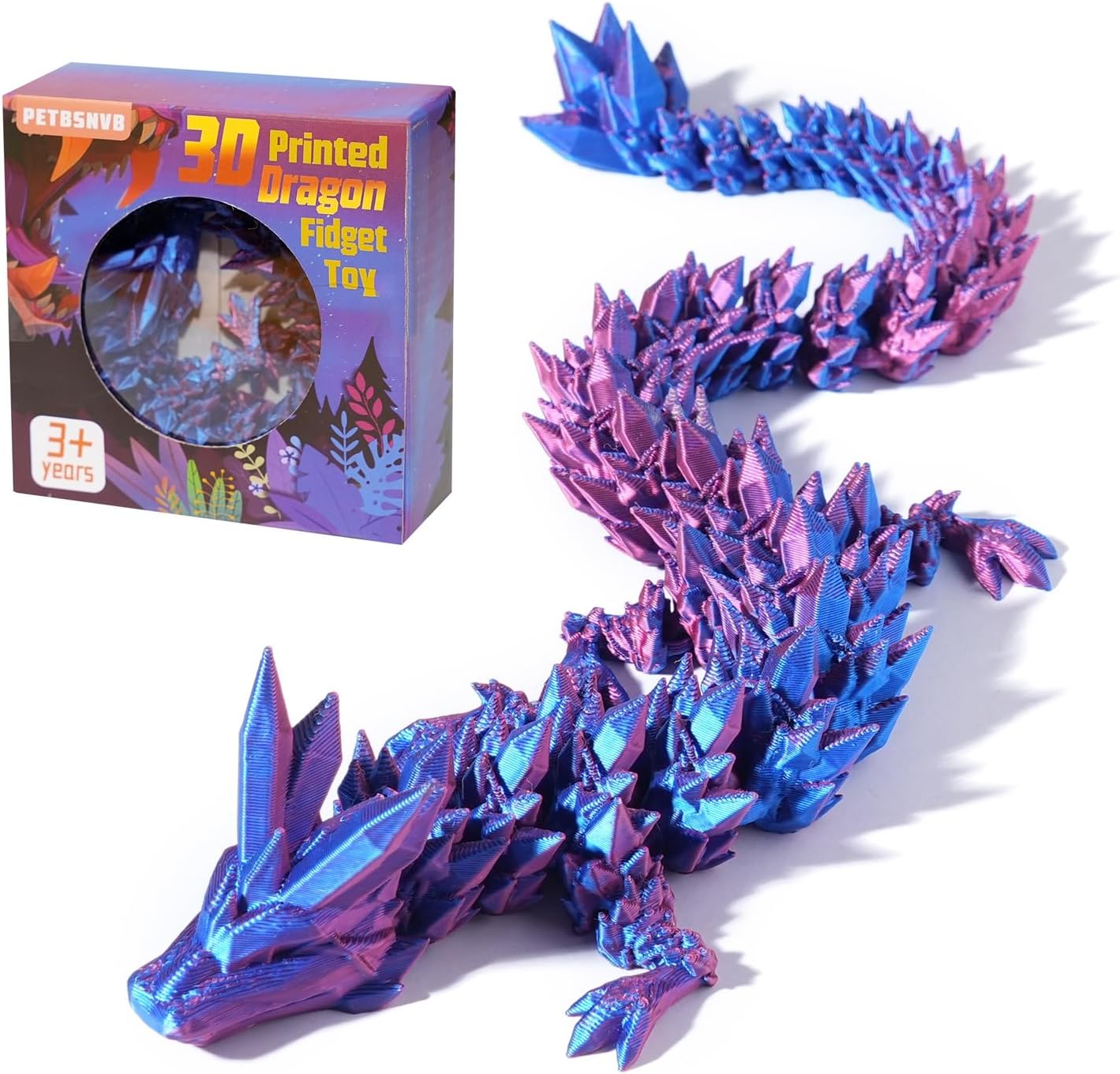 12" 3D Printed Dragon, Articulated Dragon, Crystal Dragon, Dragon Fidget Toy, Home Office Decor Executive Desk Toy (Purple)